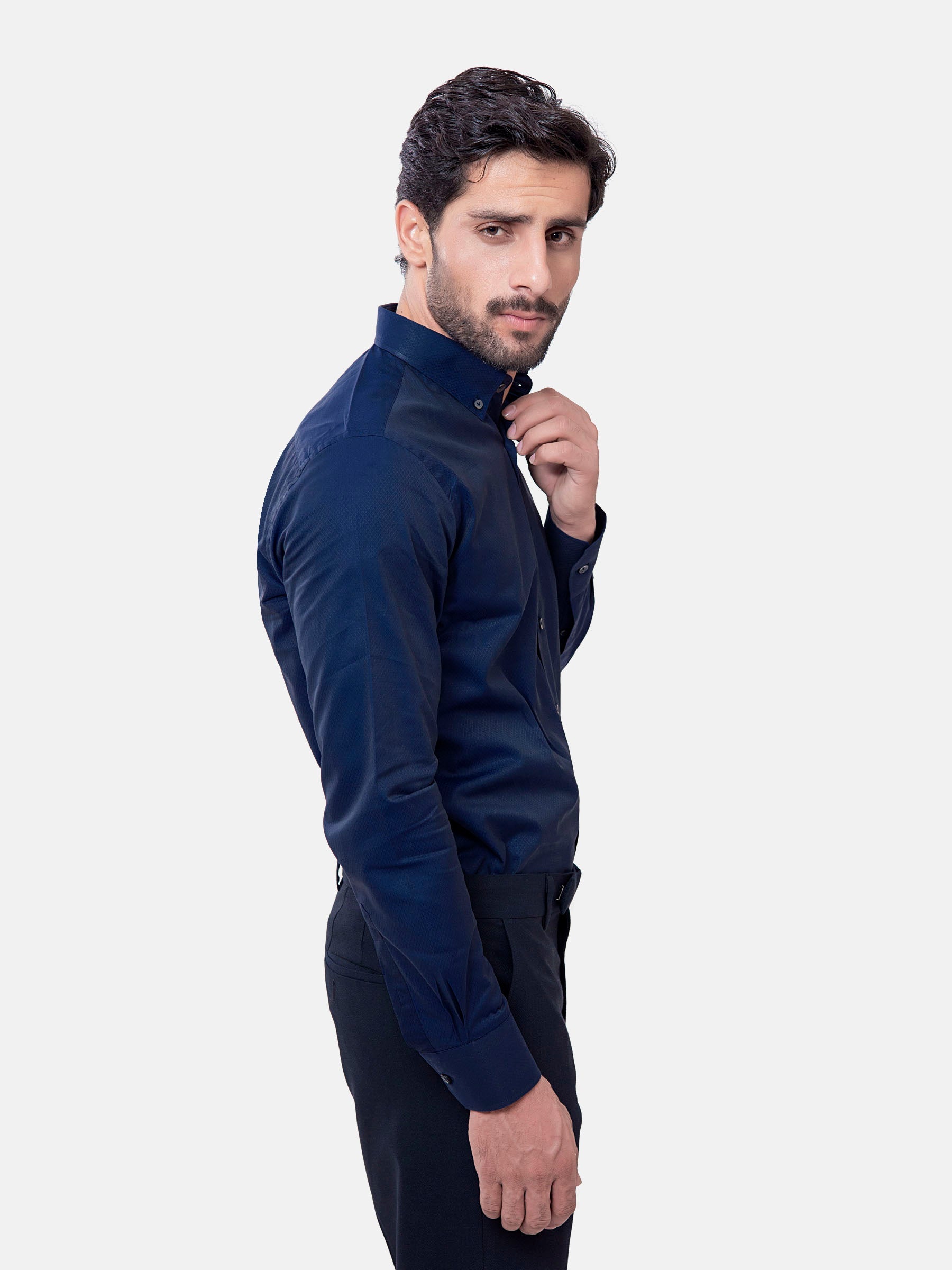 Navy Blue Diamond Patterned Button Down Shirt