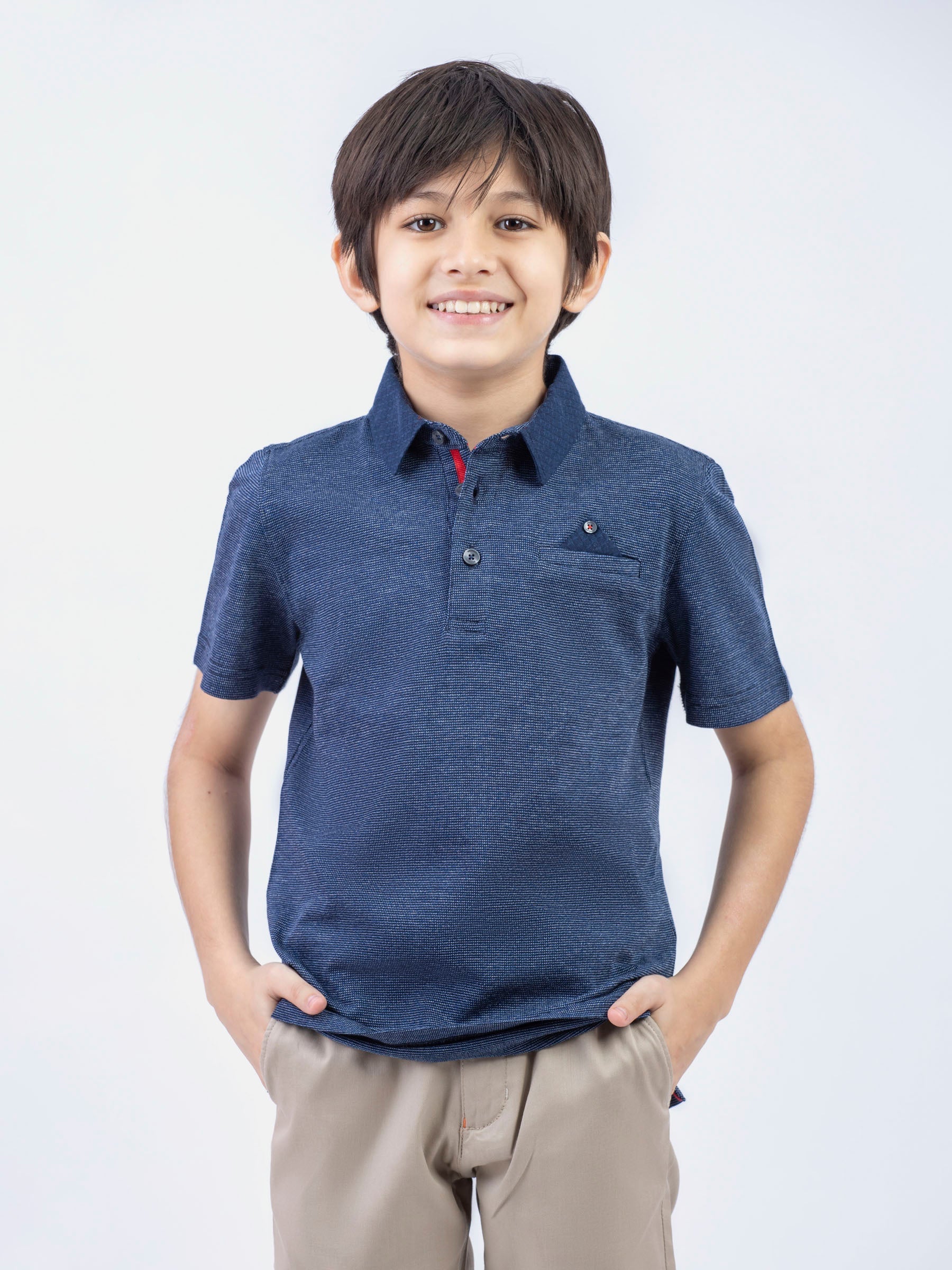Navy Blue Dobby Structured Casual Polo