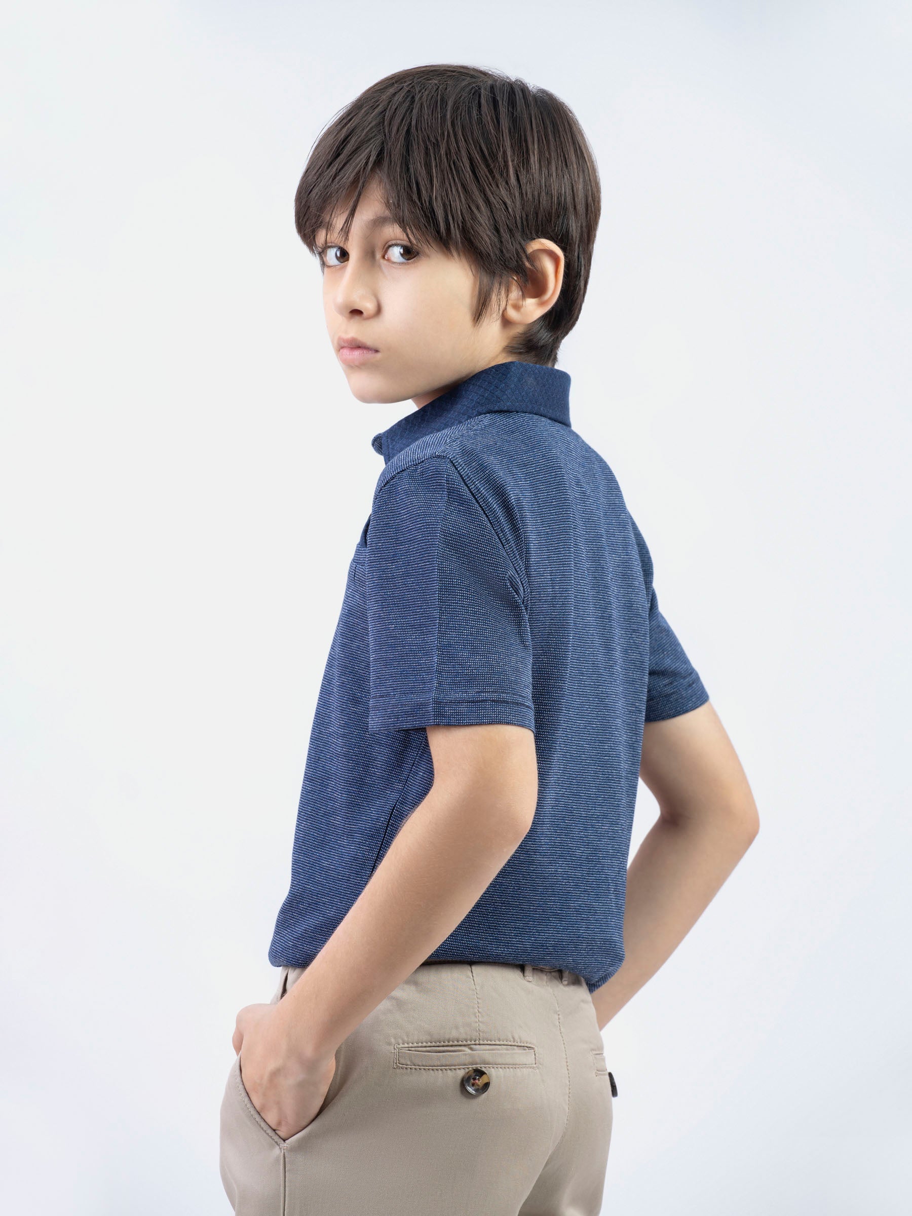 Navy Blue Dobby Structured Casual Polo