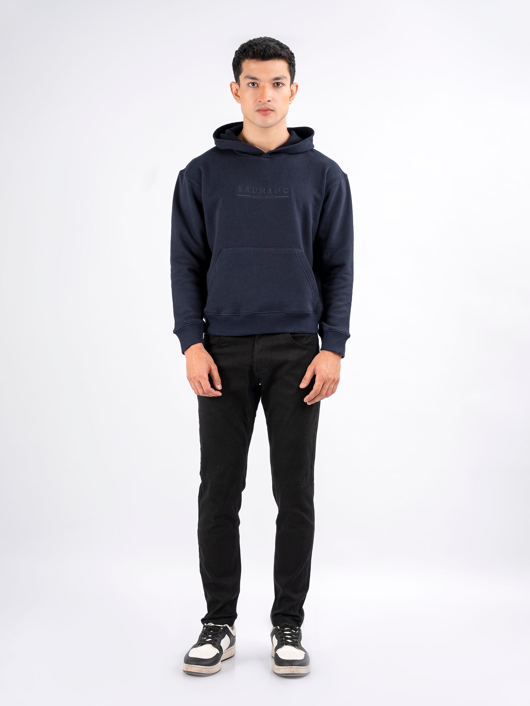 Navy Blue Embroidered Relaxed Fit Hoodie