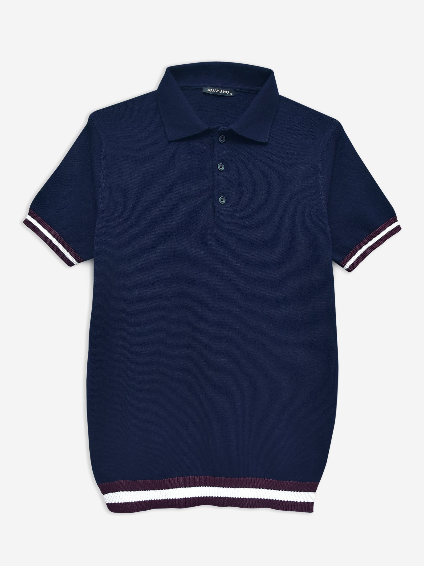 Navy Blue Flat Knit Polo With Contrasting Rib