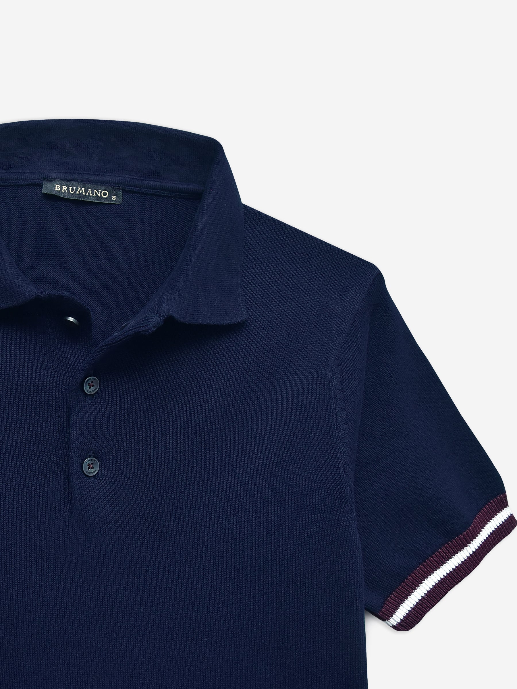 Navy Blue Flat Knit Polo With Contrasting Rib
