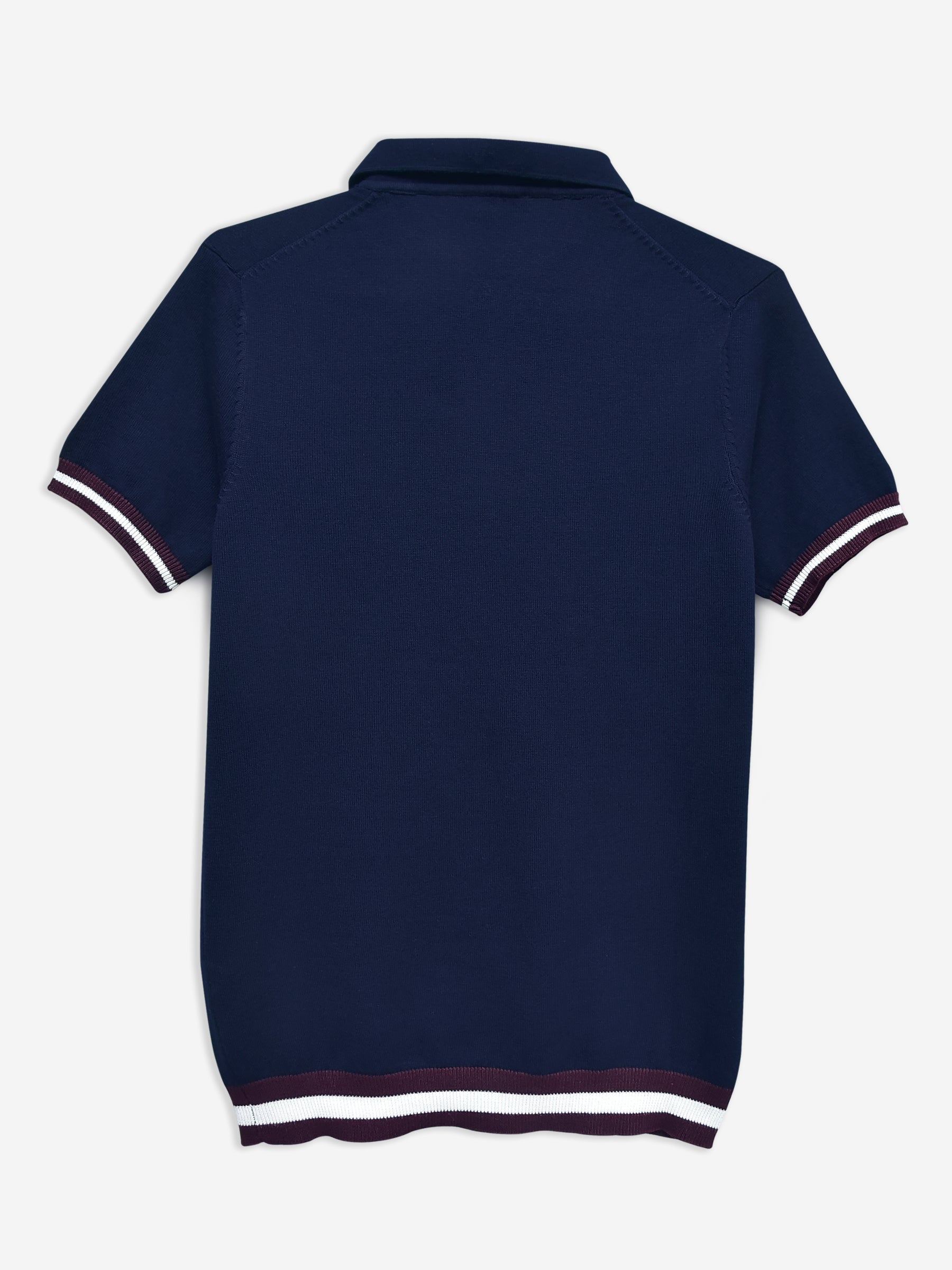 Navy Blue Flat Knit Polo With Contrasting Rib