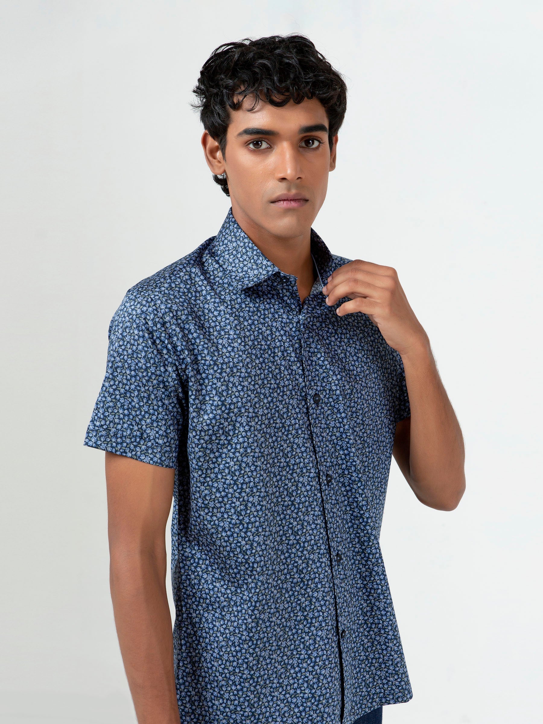 Navy Blue Floral Printed Half Sleeve Shirt