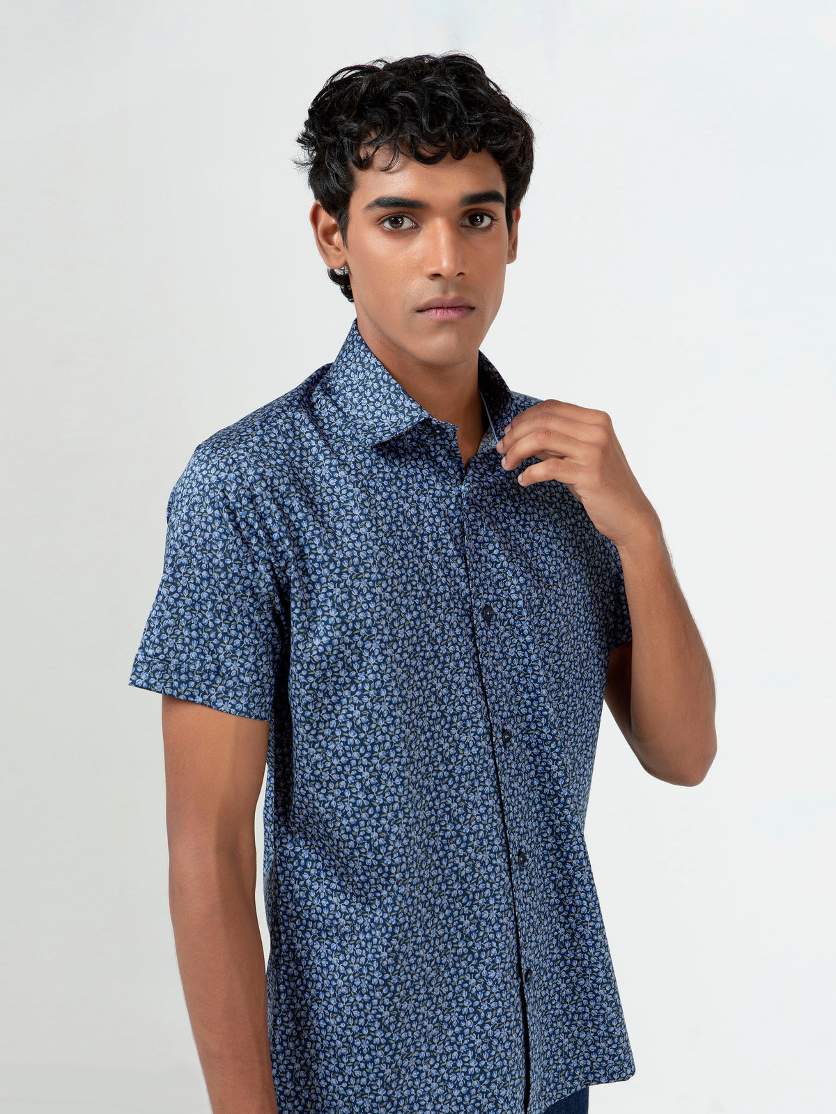 Navy Blue Floral Printed Half Sleeve Shirt