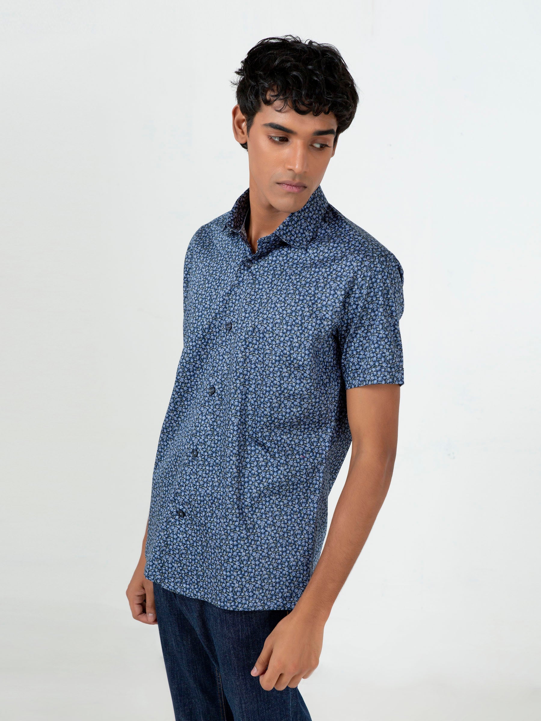 Navy Blue Floral Printed Half Sleeve Shirt