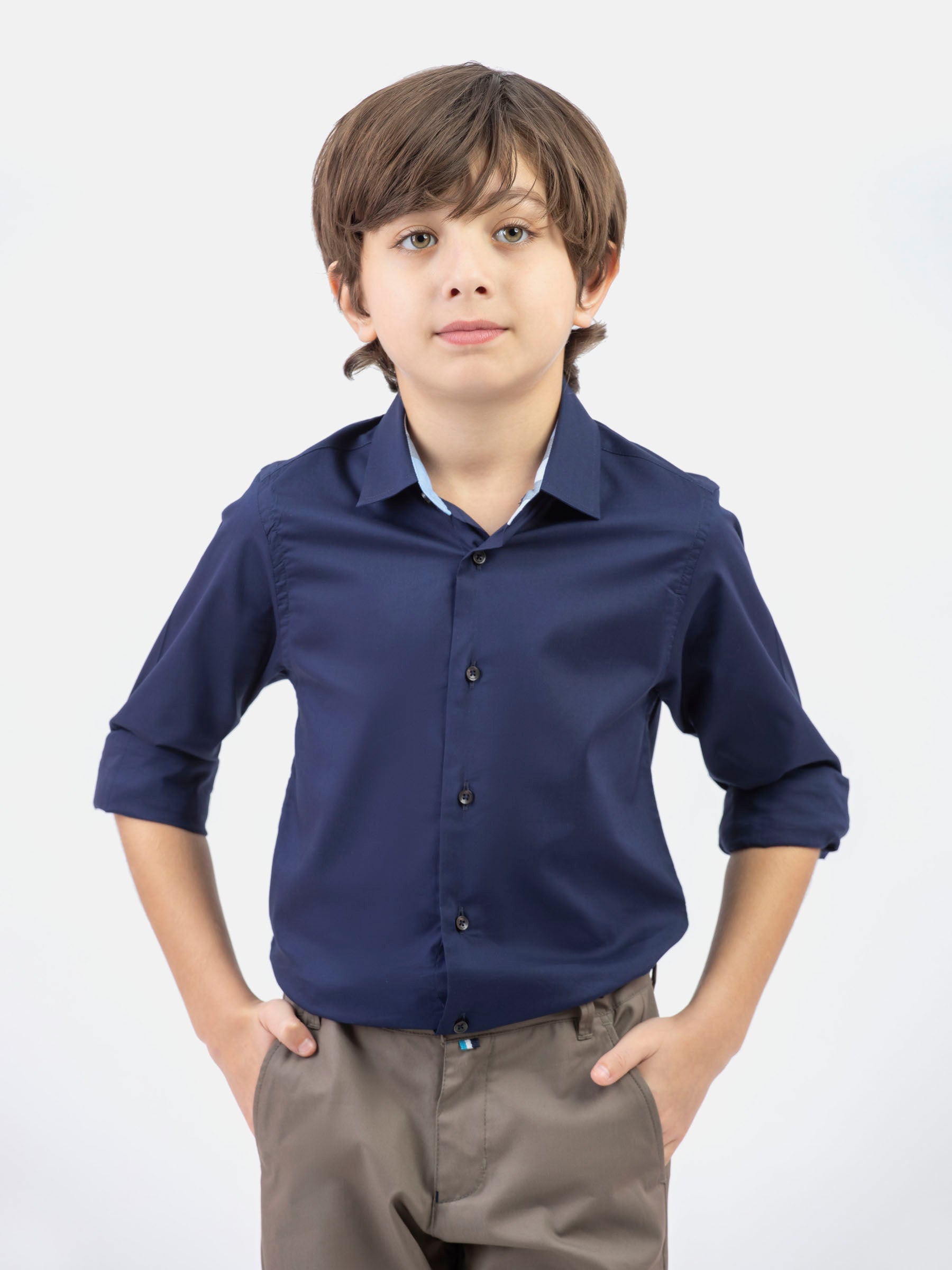 Navy Blue Formal Satin Shirt With Collar Detailing