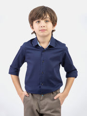 Navy Blue Formal Satin Shirt With Collar Detailing
