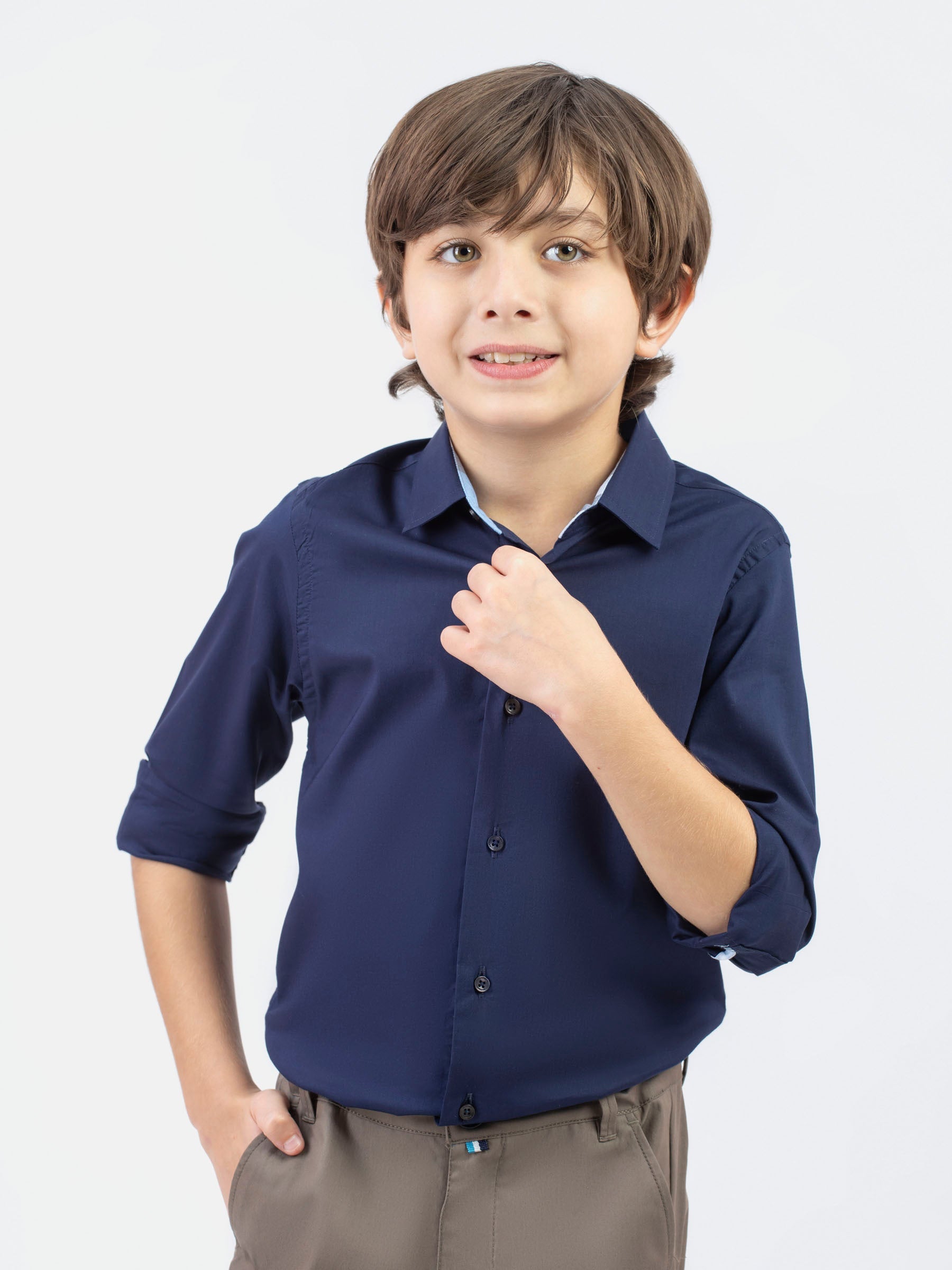 Navy Blue Formal Satin Shirt With Collar Detailing
