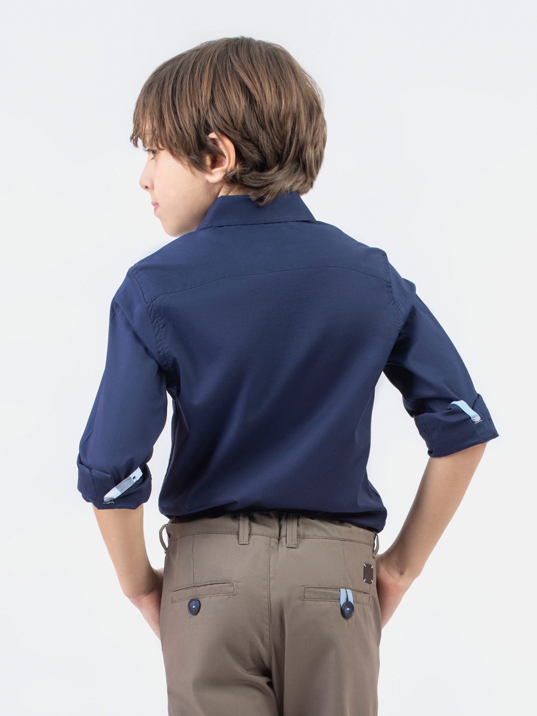 Navy Blue Formal Satin Shirt With Collar Detailing