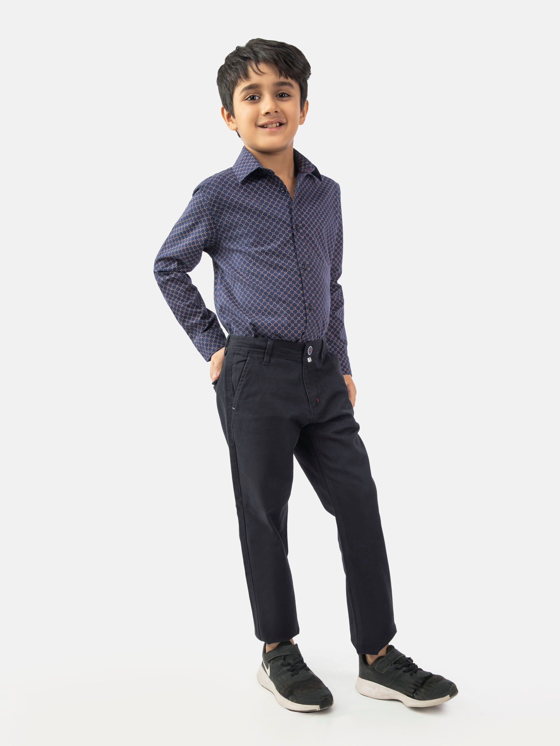 Navy Blue Geo Printed Long Sleeve Casual Shirt