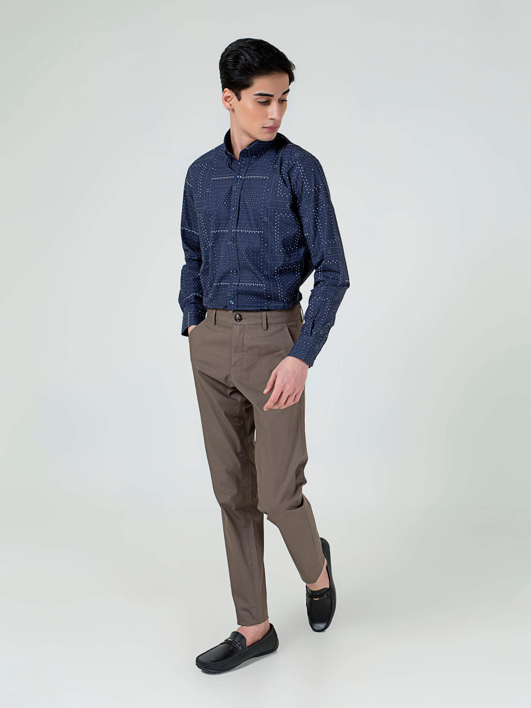 Navy Blue Geometric Printed Button Down Shirt