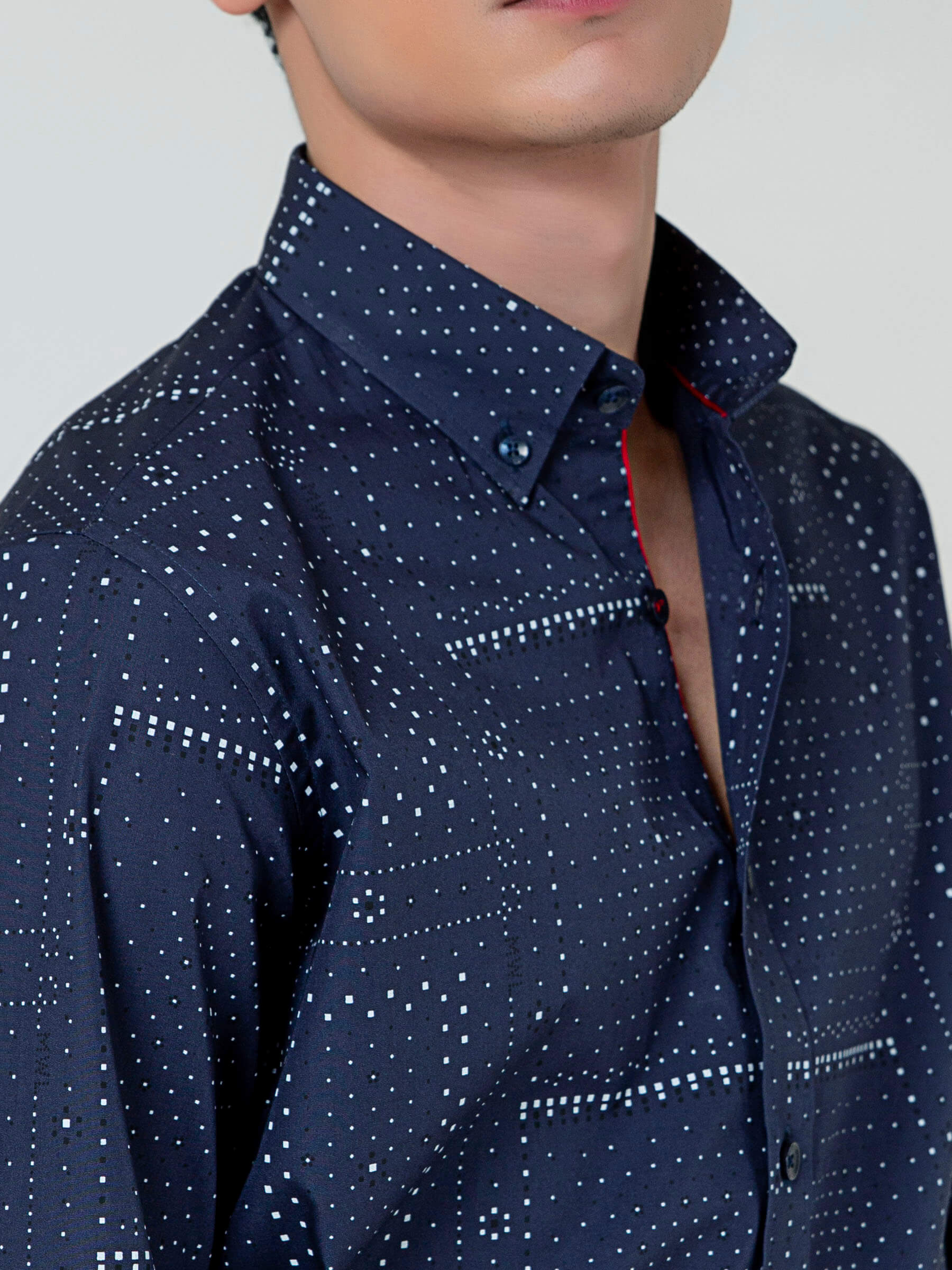 Navy Blue Geometric Printed Button Down Shirt