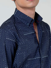 Navy Blue Geometric Printed Button Down Shirt