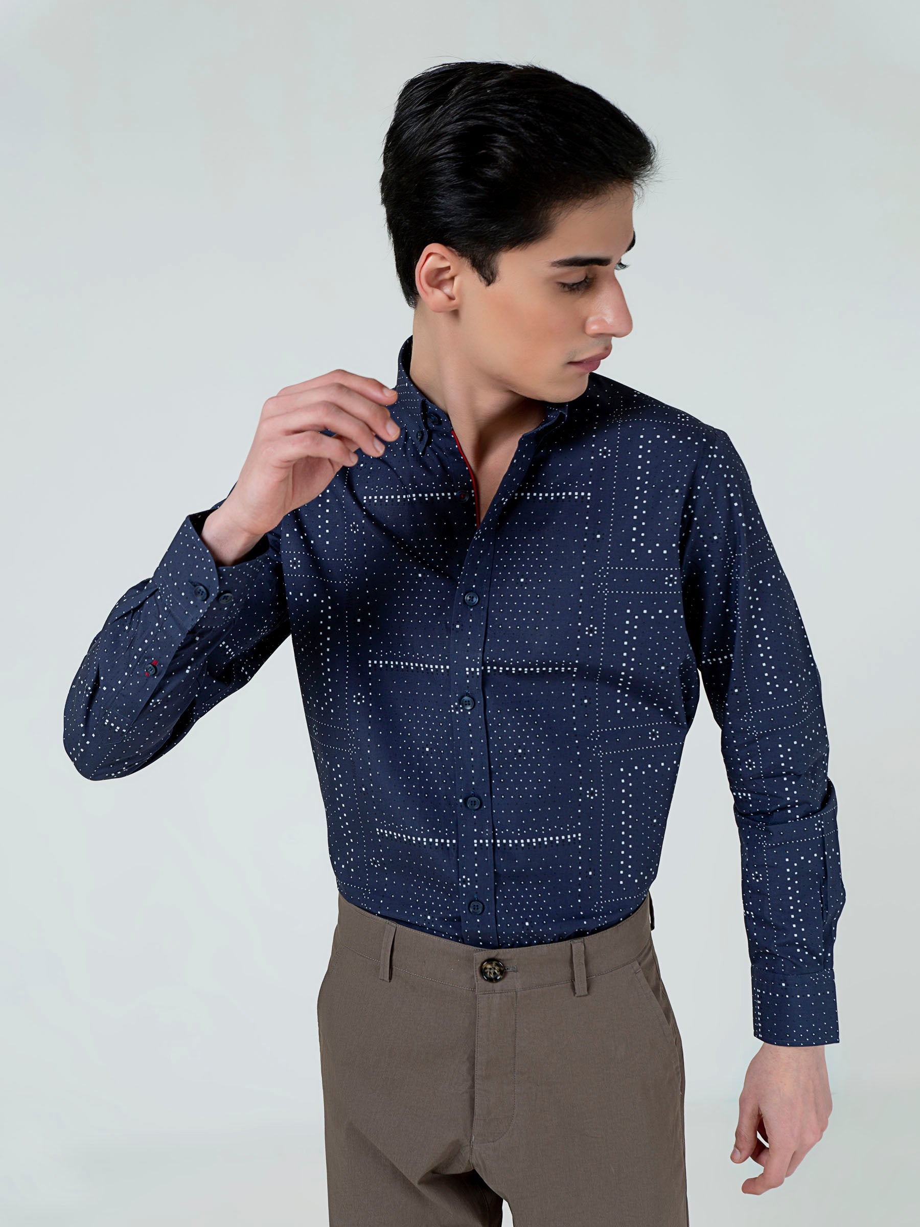 Navy Blue Geometric Printed Button Down Shirt