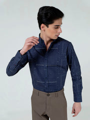 Navy Blue Geometric Printed Button Down Shirt