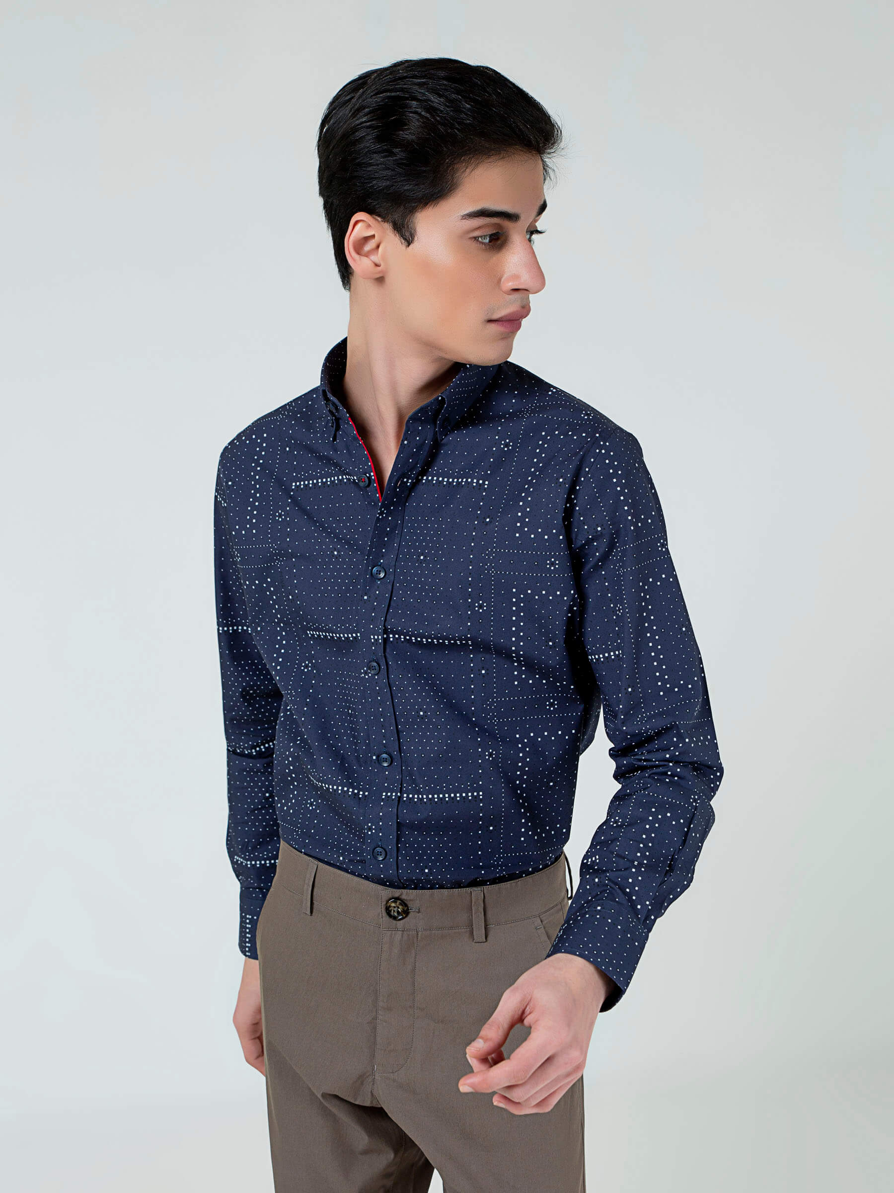Navy Blue Geometric Printed Button Down Shirt