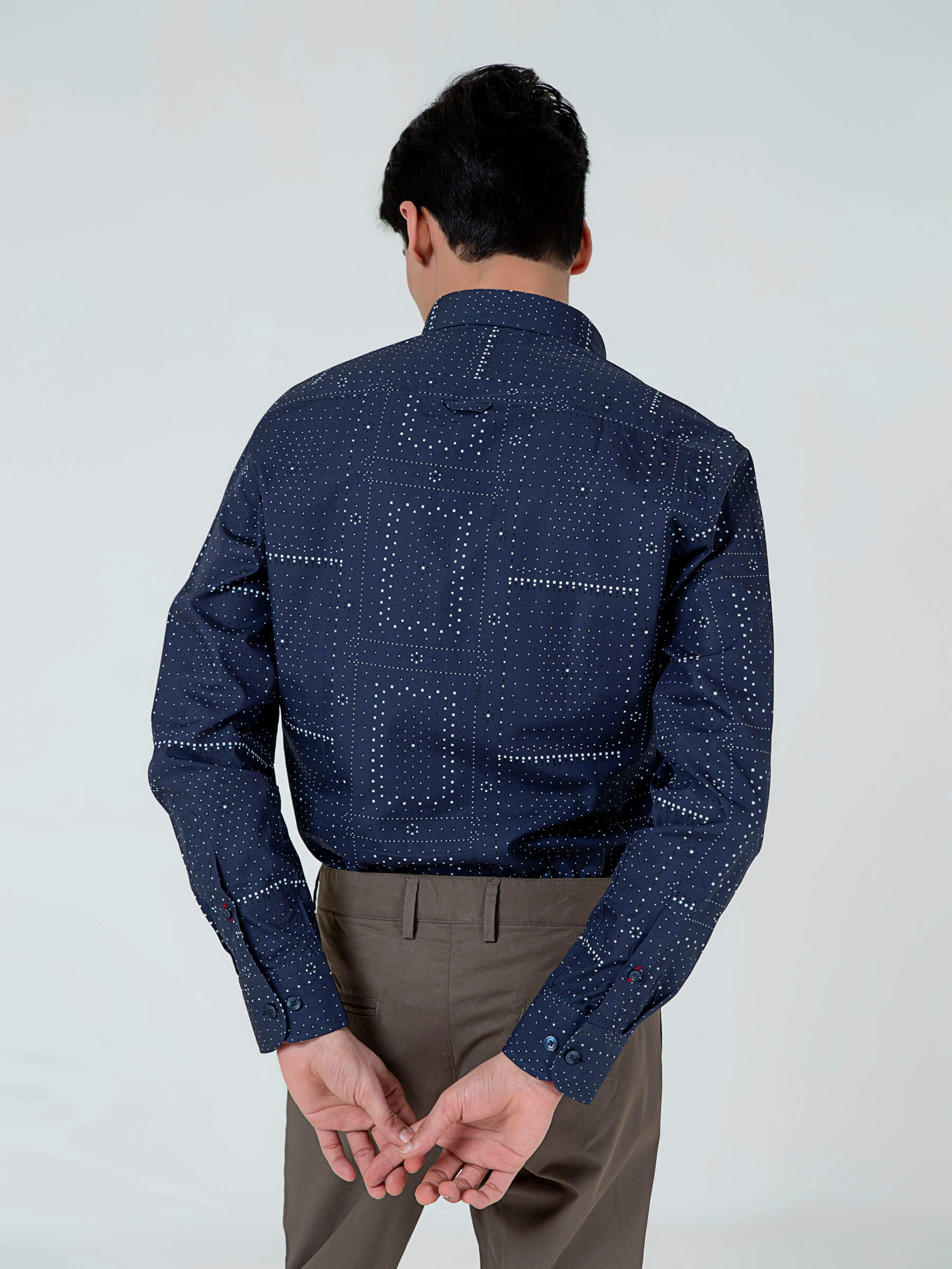 Navy Blue Geometric Printed Button Down Shirt