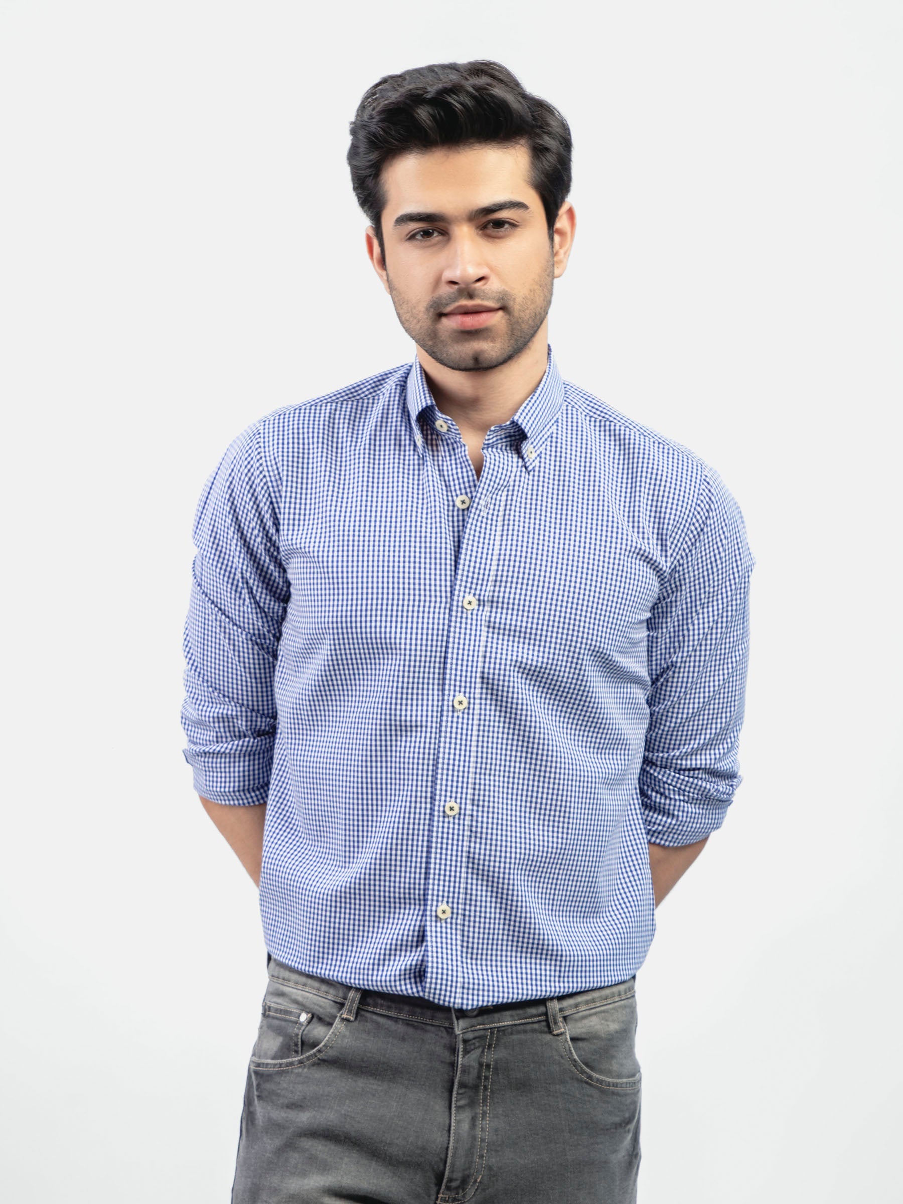 Navy Blue Gingham Button Down Shirt
