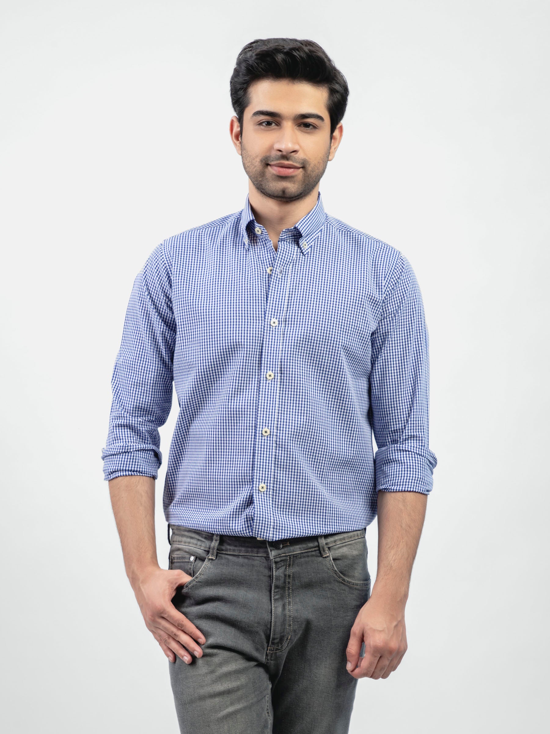 Navy Blue Gingham Button Down Shirt
