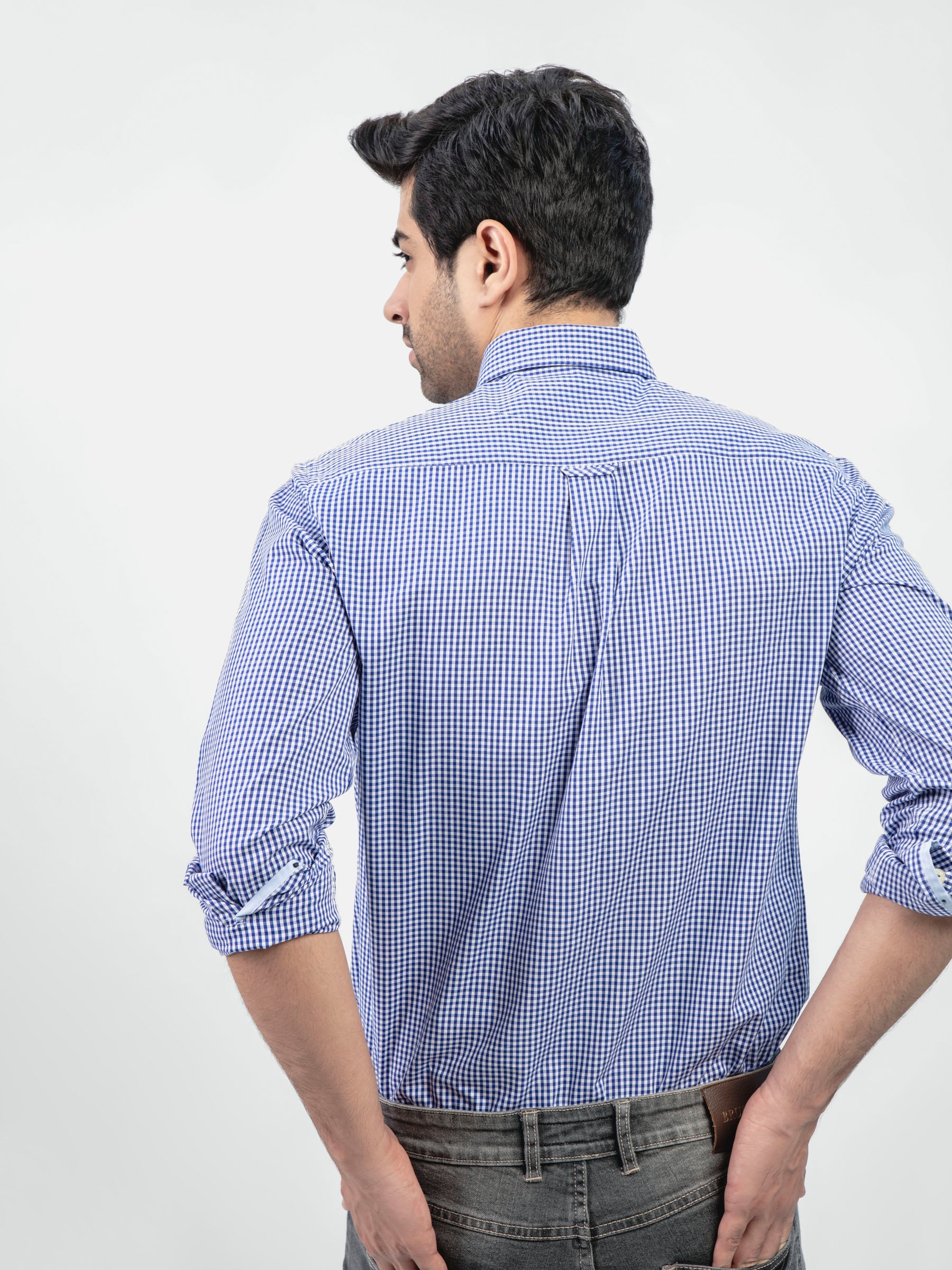 Navy Blue Gingham Button Down Shirt
