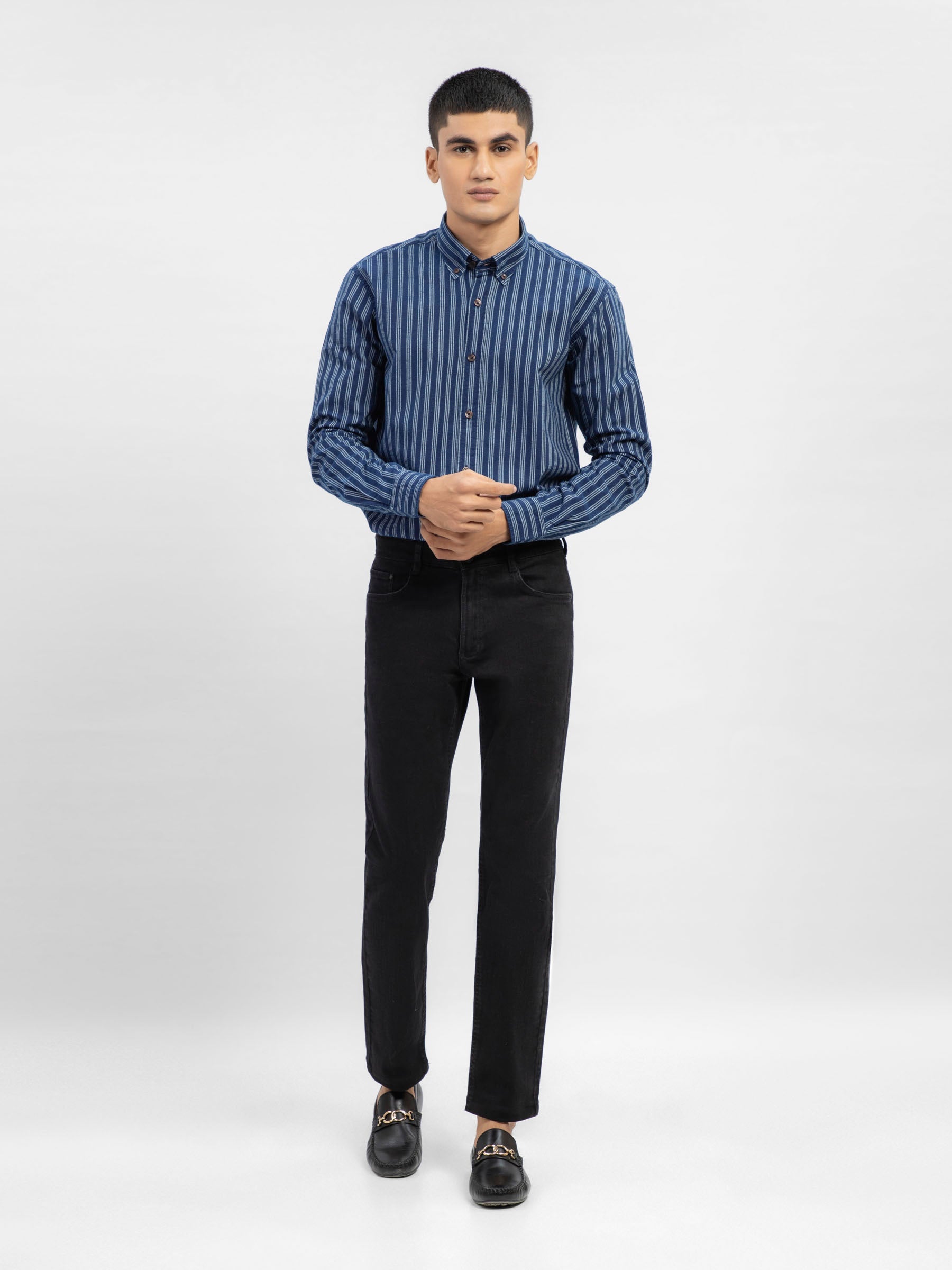 Navy Blue Indigo Dyed Striped Button Down Shirt