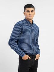 Navy Blue Indigo Dyed Striped Button Down Shirt