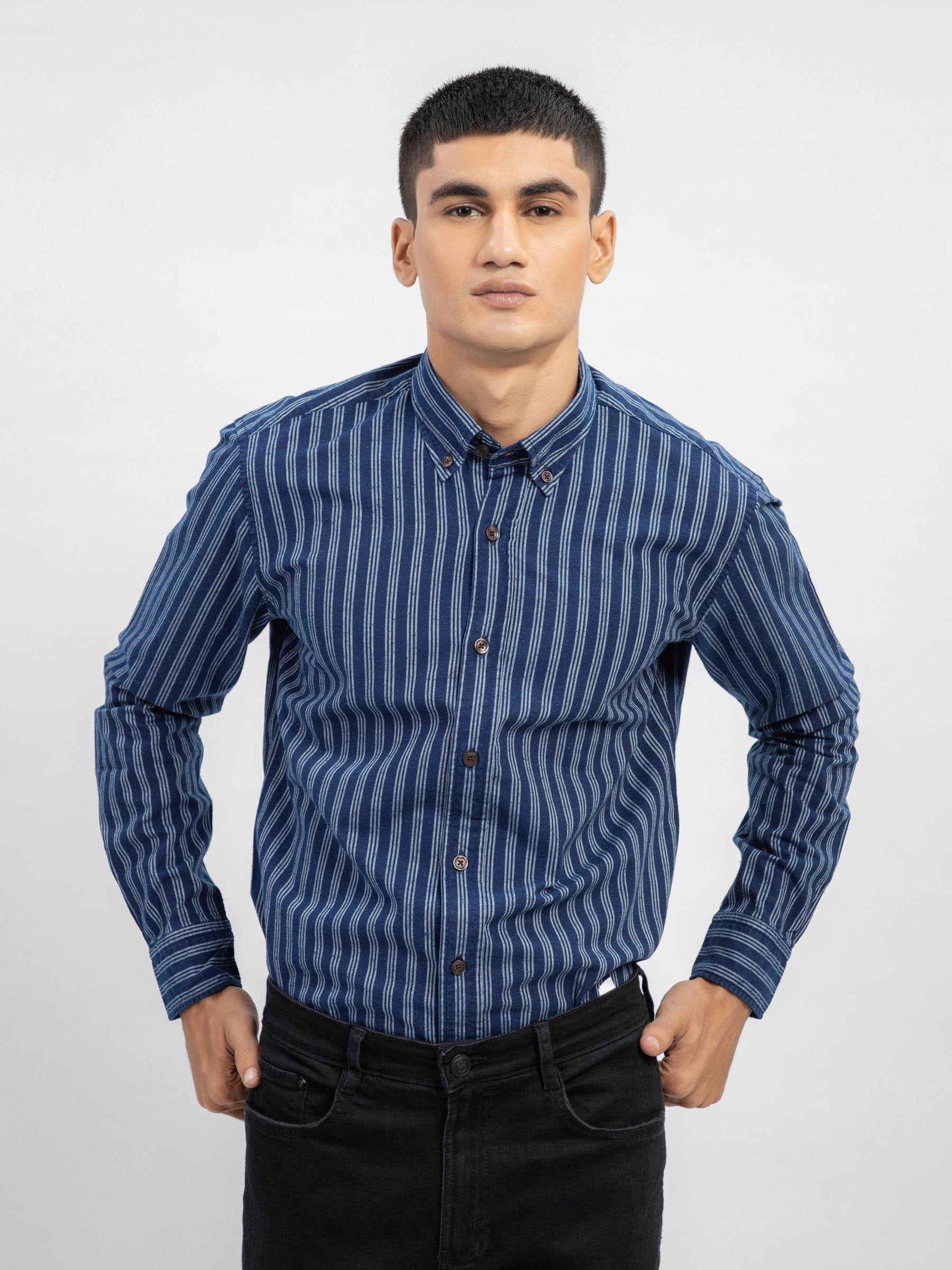 Navy Blue Indigo Dyed Striped Button Down Shirt