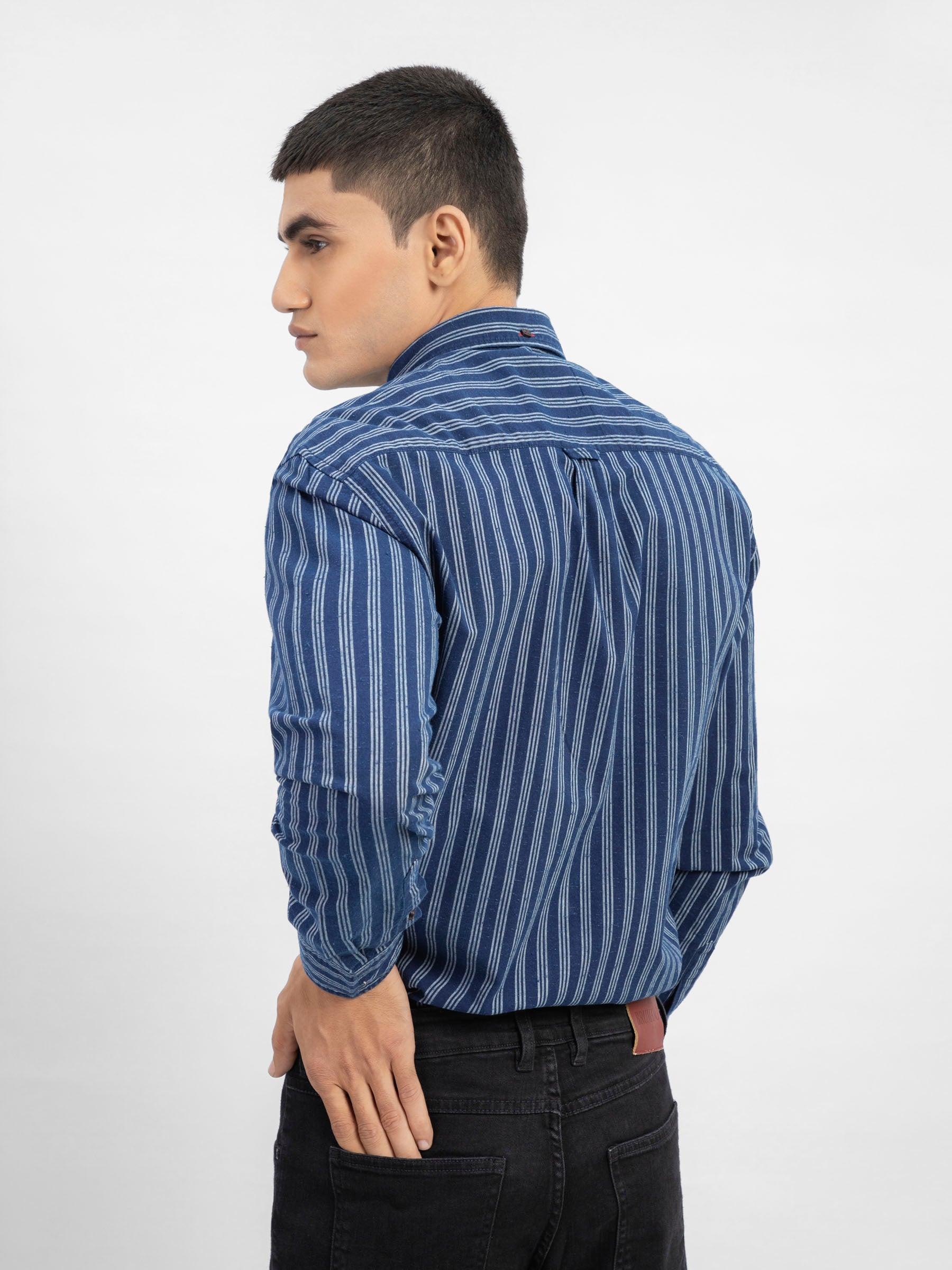 Navy Blue Indigo Dyed Striped Button Down Shirt