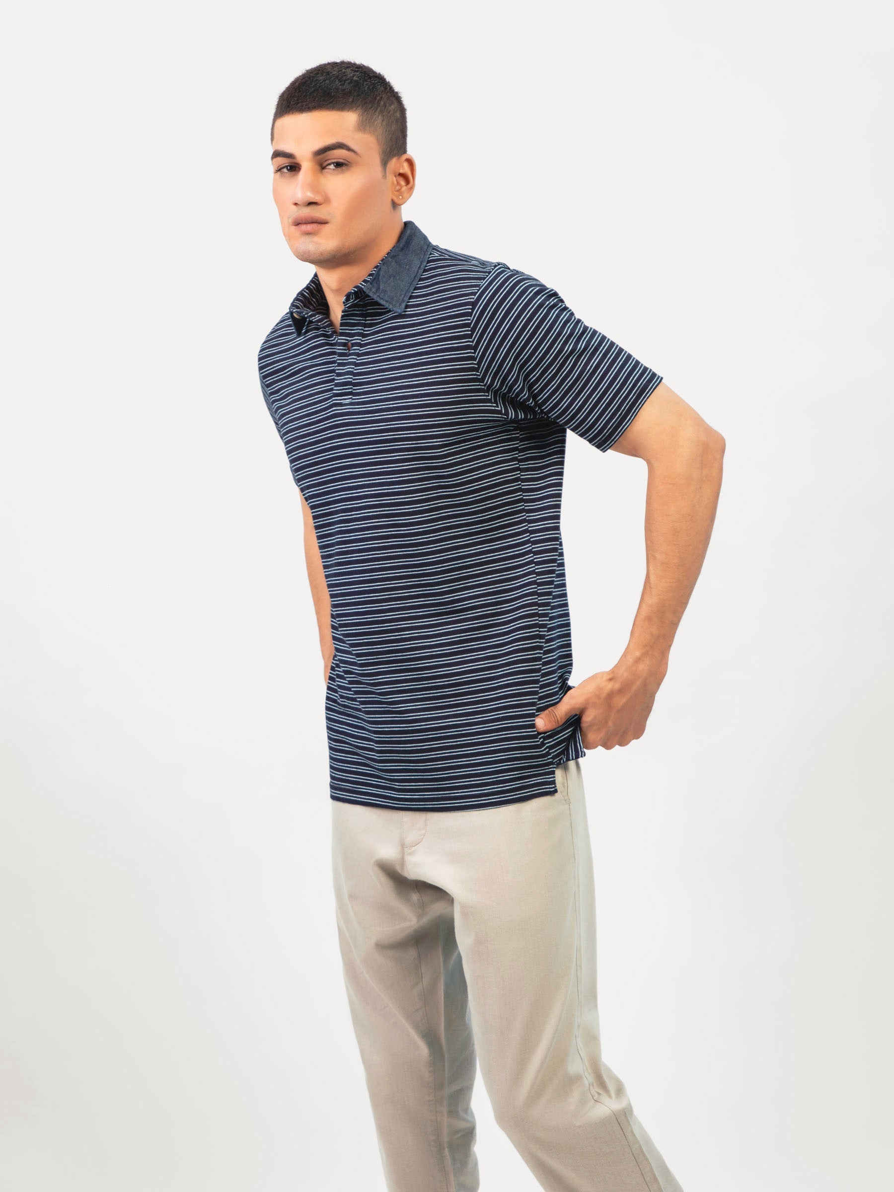 Navy Blue Indigo Striped Polo Shirt Slimfit
