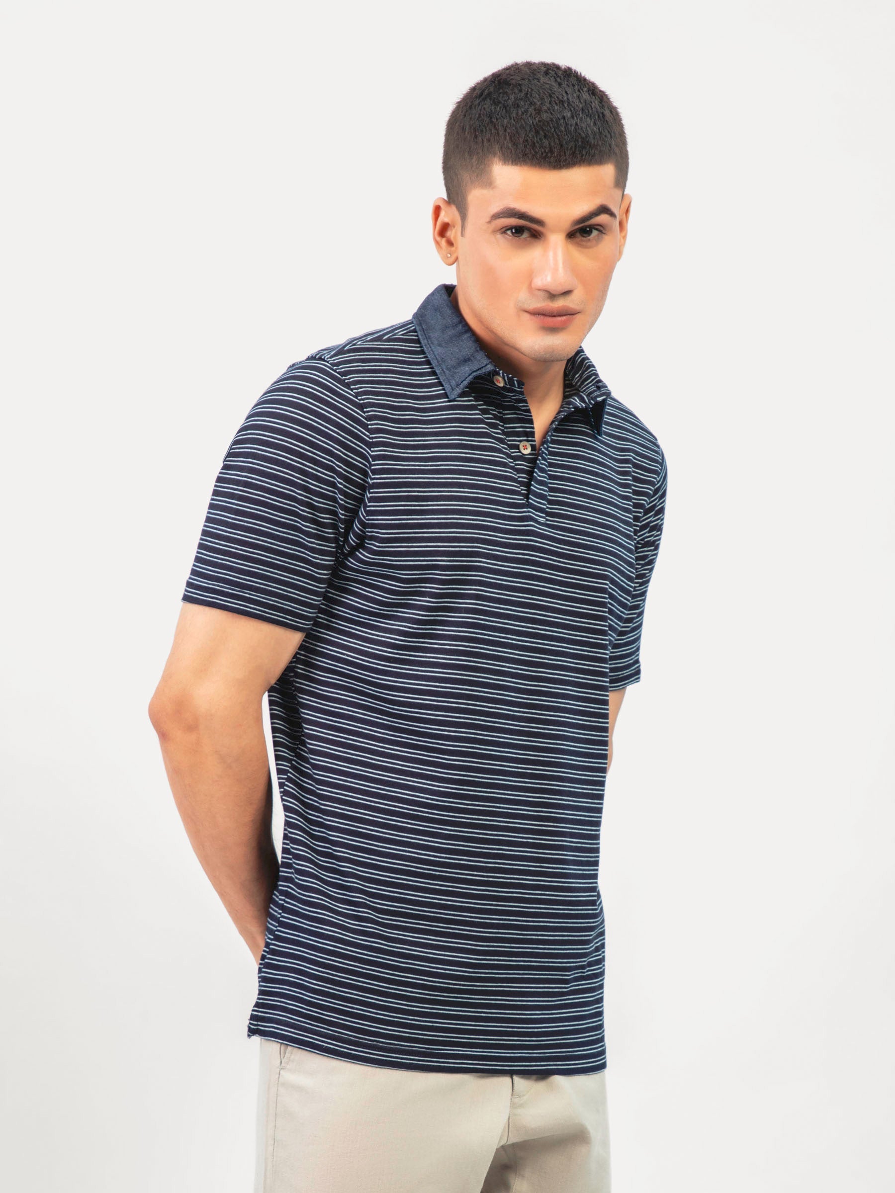 Navy Blue Indigo Striped Polo Shirt Slimfit