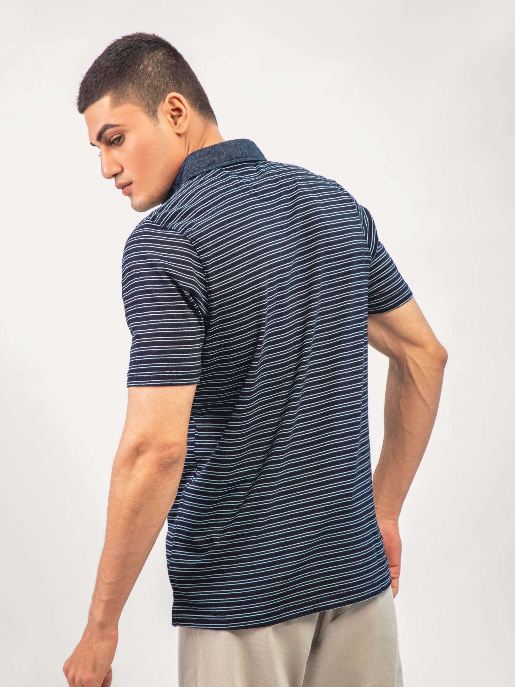 Navy Blue Indigo Striped Polo Shirt Slimfit