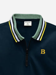 Navy Blue Interlock Zipper Polo With Contrasting Collar