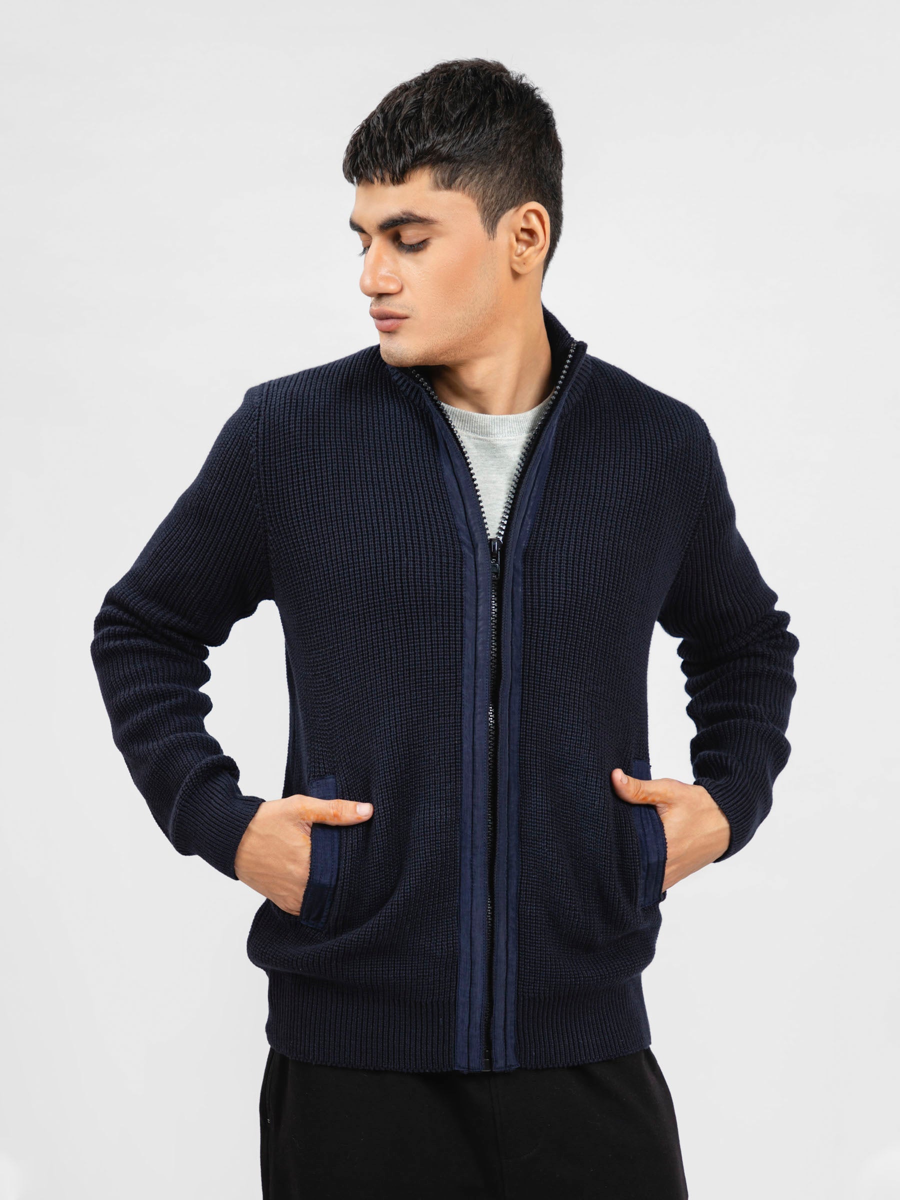 Navy Blue Knitted Textured Zipper Jacket With Detailing