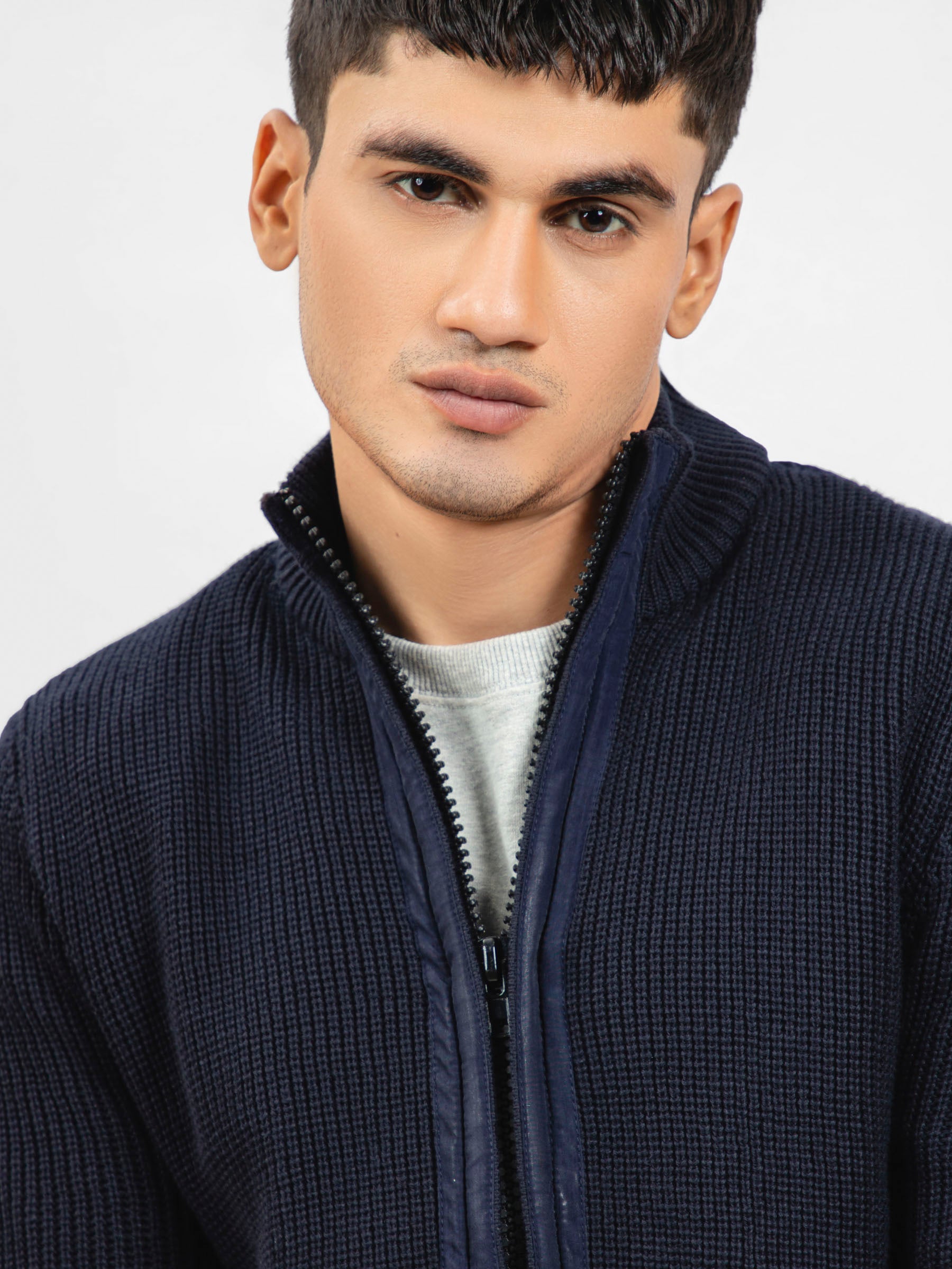 Navy Blue Knitted Textured Zipper Jacket With Detailing