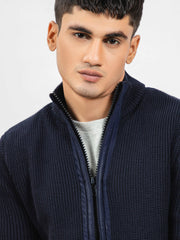 Navy Blue Knitted Textured Zipper Jacket With Detailing