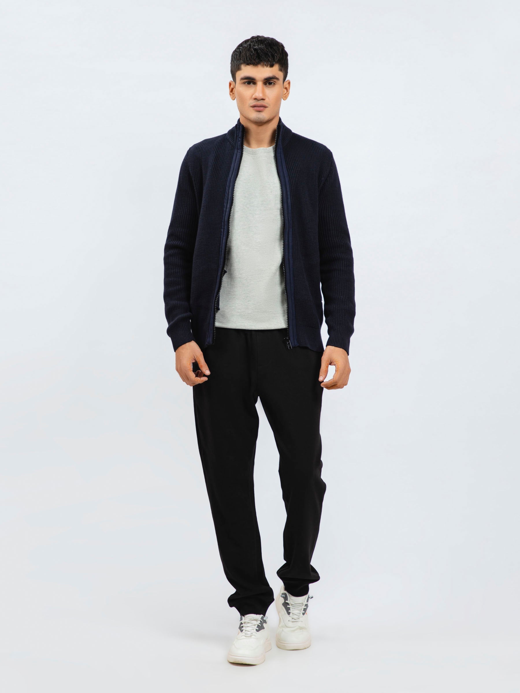 Navy Blue Knitted Textured Zipper Jacket With Detailing