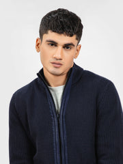 Navy Blue Knitted Textured Zipper Jacket With Detailing