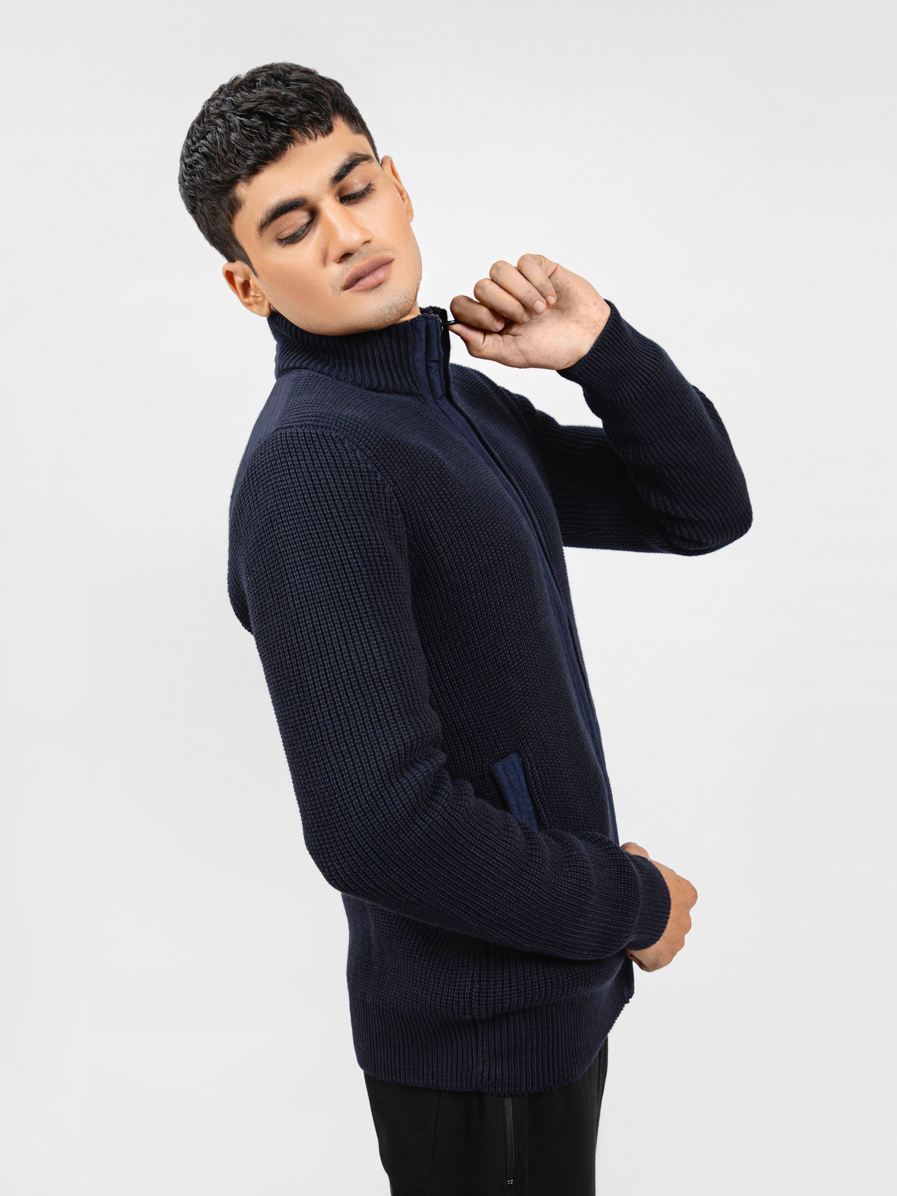 Navy Blue Knitted Textured Zipper Jacket With Detailing