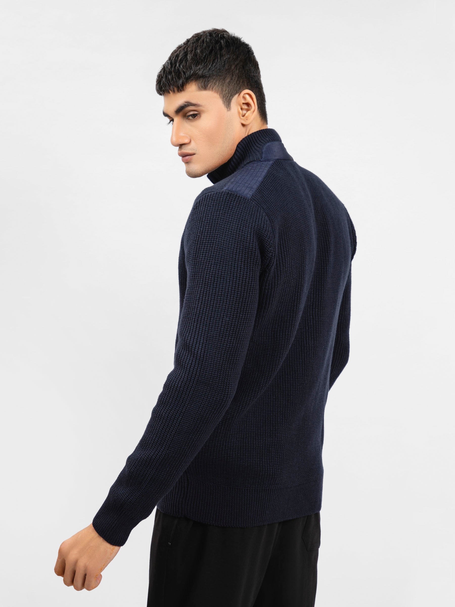 Navy Blue Knitted Textured Zipper Jacket With Detailing