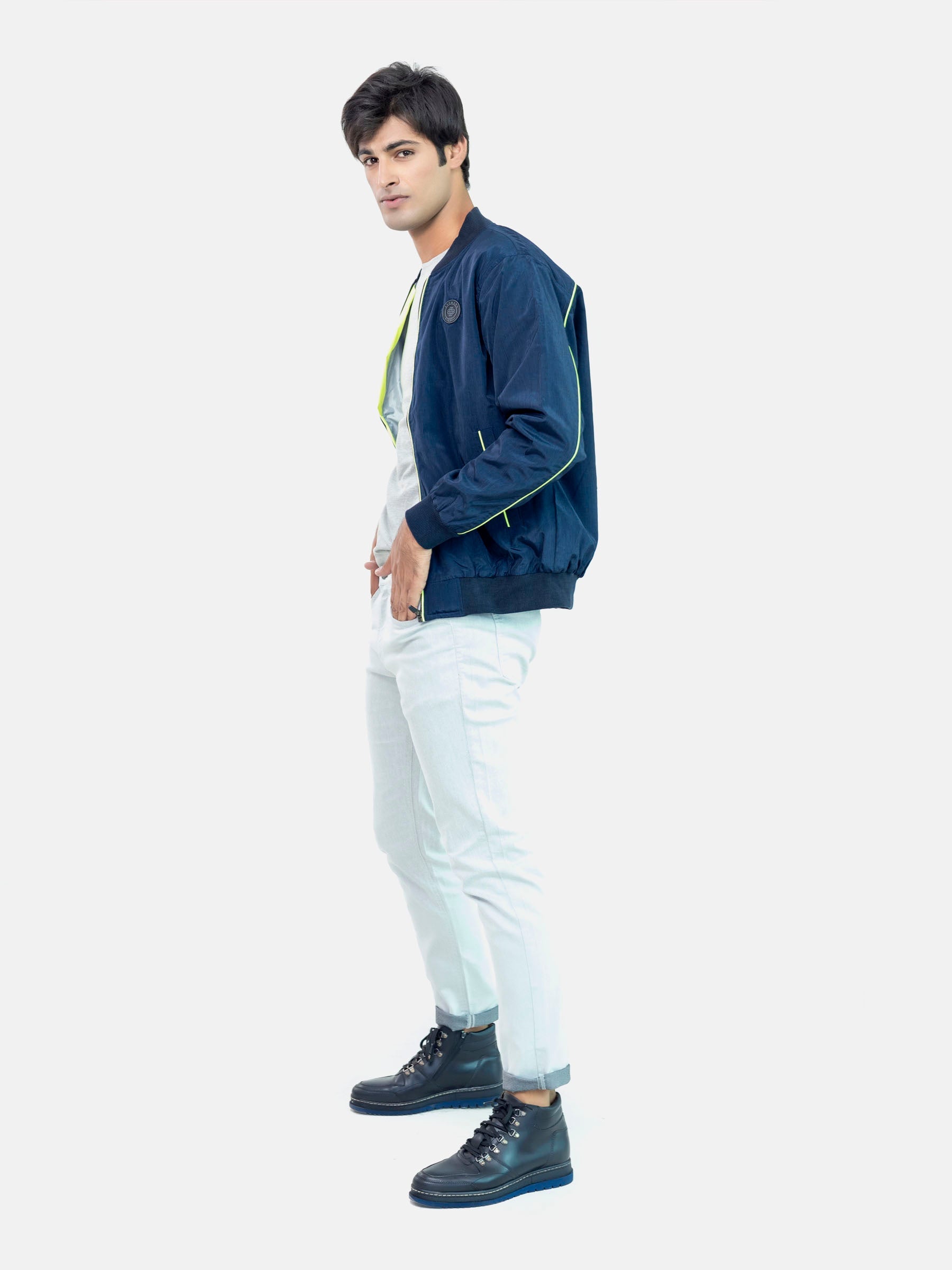 Navy Blue Light Bomber Jacket With Neon Detailing