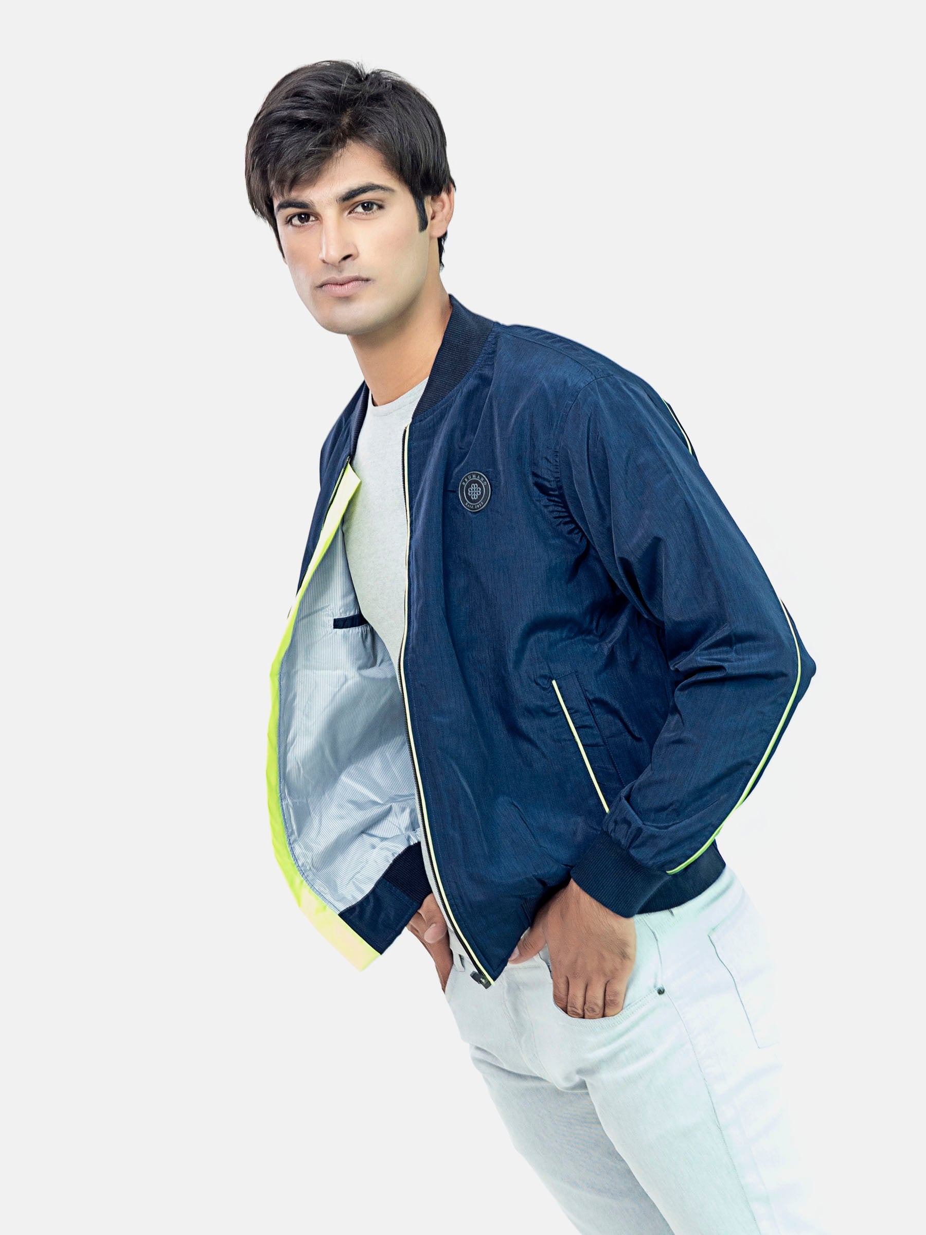 Navy Blue Light Bomber Jacket With Neon Detailing