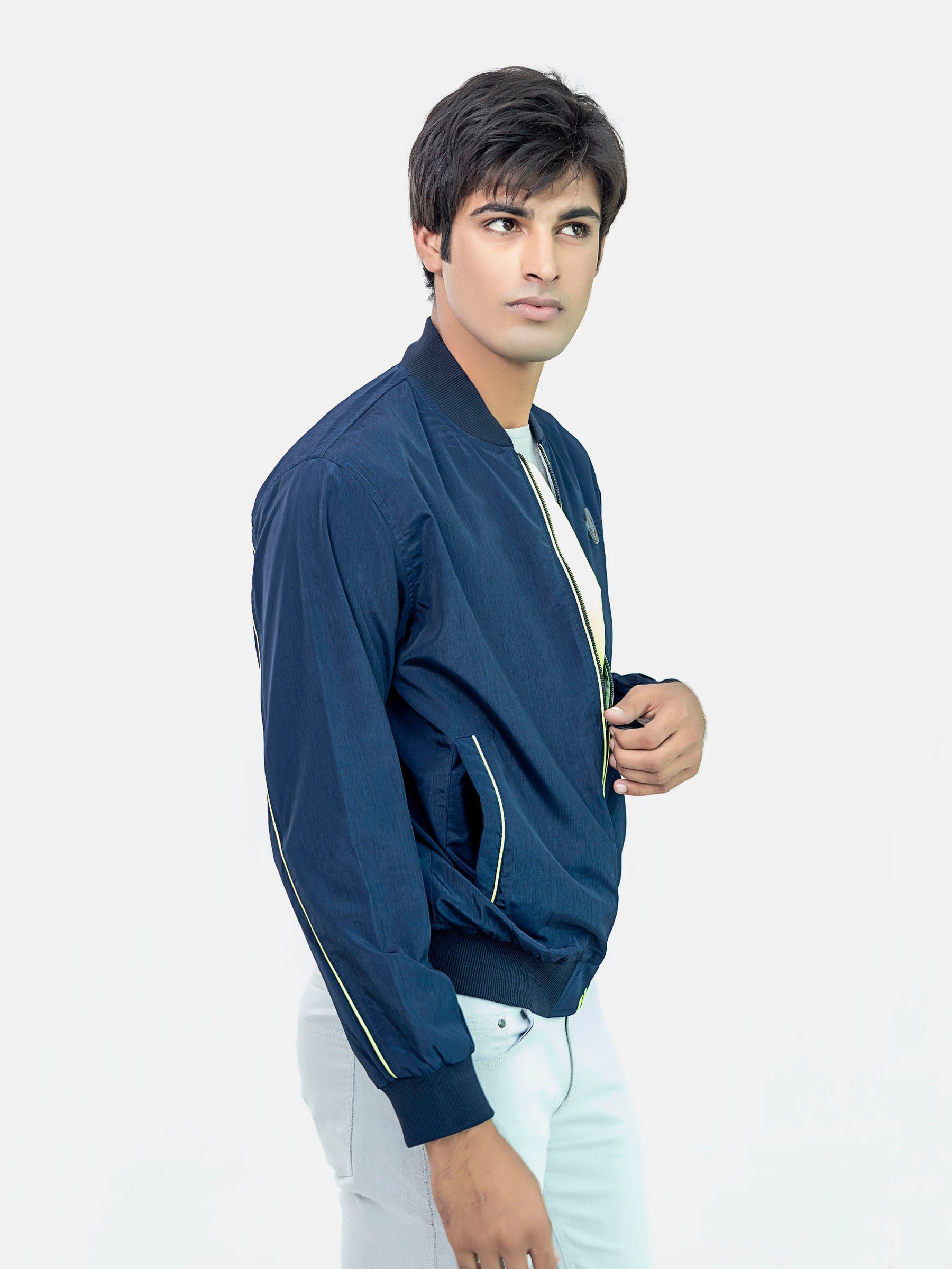 Navy Blue Light Bomber Jacket With Neon Detailing