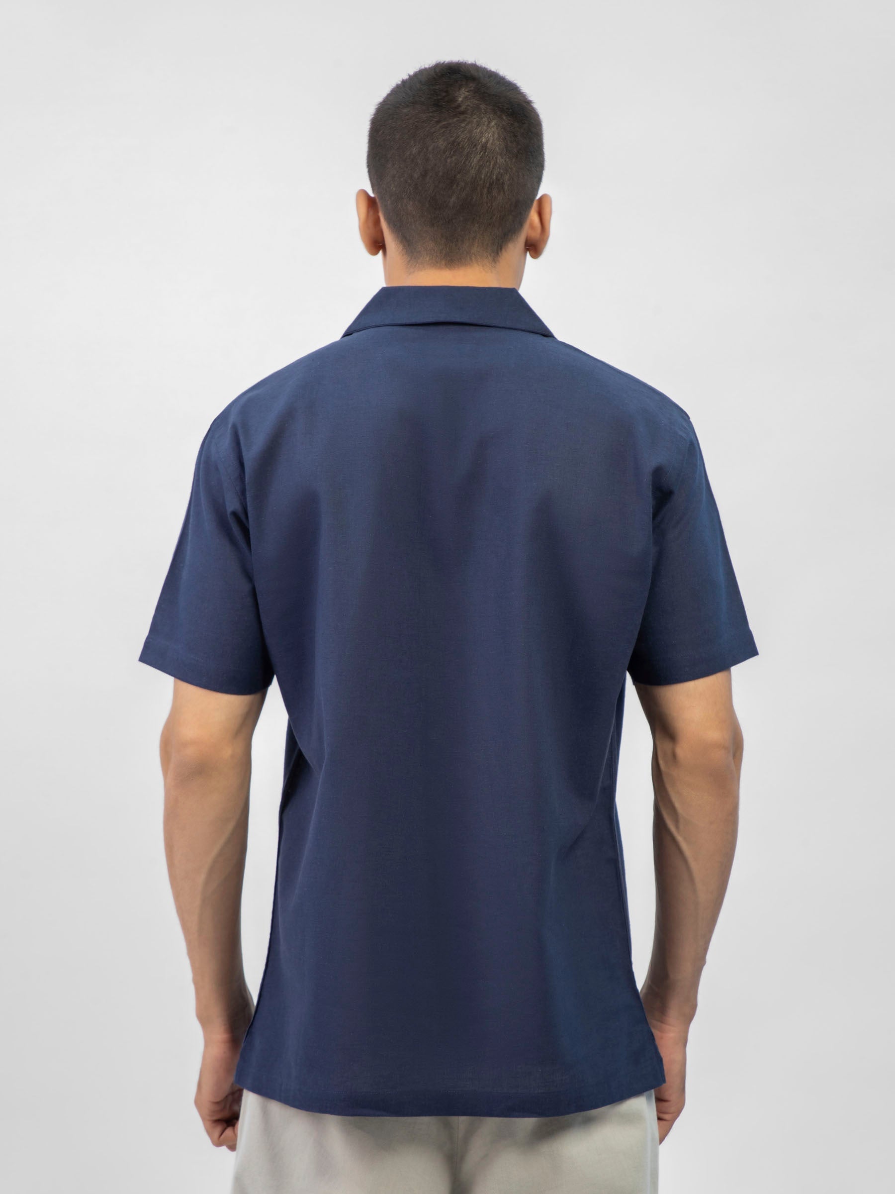 Navy Blue Linen Blended Half Sleeve Cuban Collar Shirt
