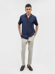 Navy Blue Linen Blended Half Sleeve Cuban Collar Shirt