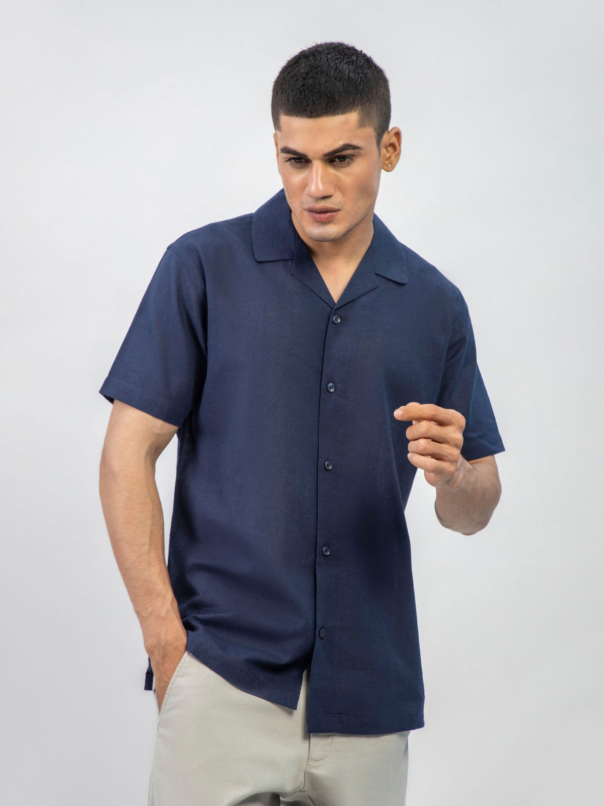 Navy Blue Linen Blended Half Sleeve Cuban Collar Shirt