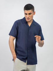 Navy Blue Linen Blended Half Sleeve Cuban Collar Shirt