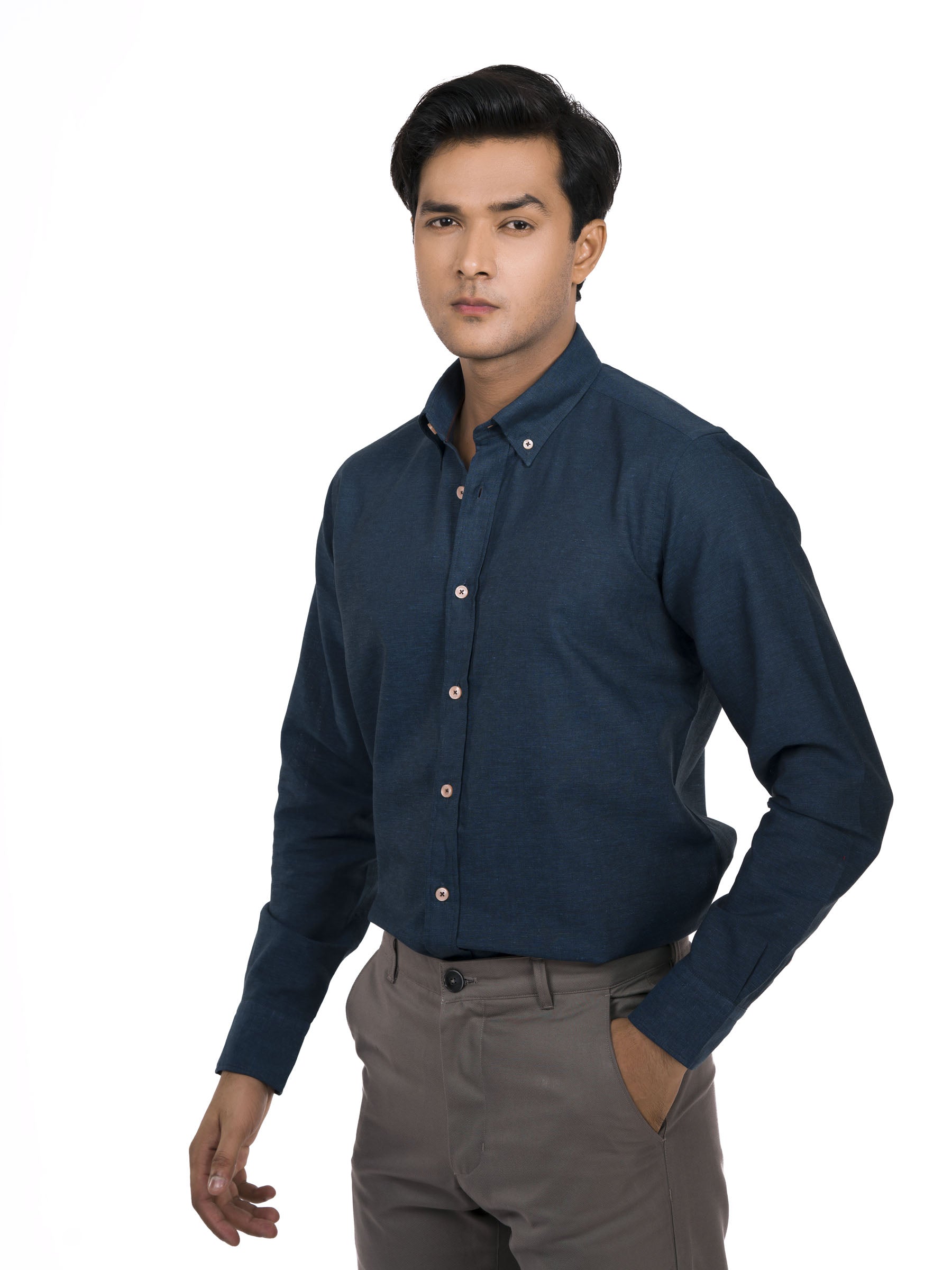 Navy Blue Linen Button Down Shirt