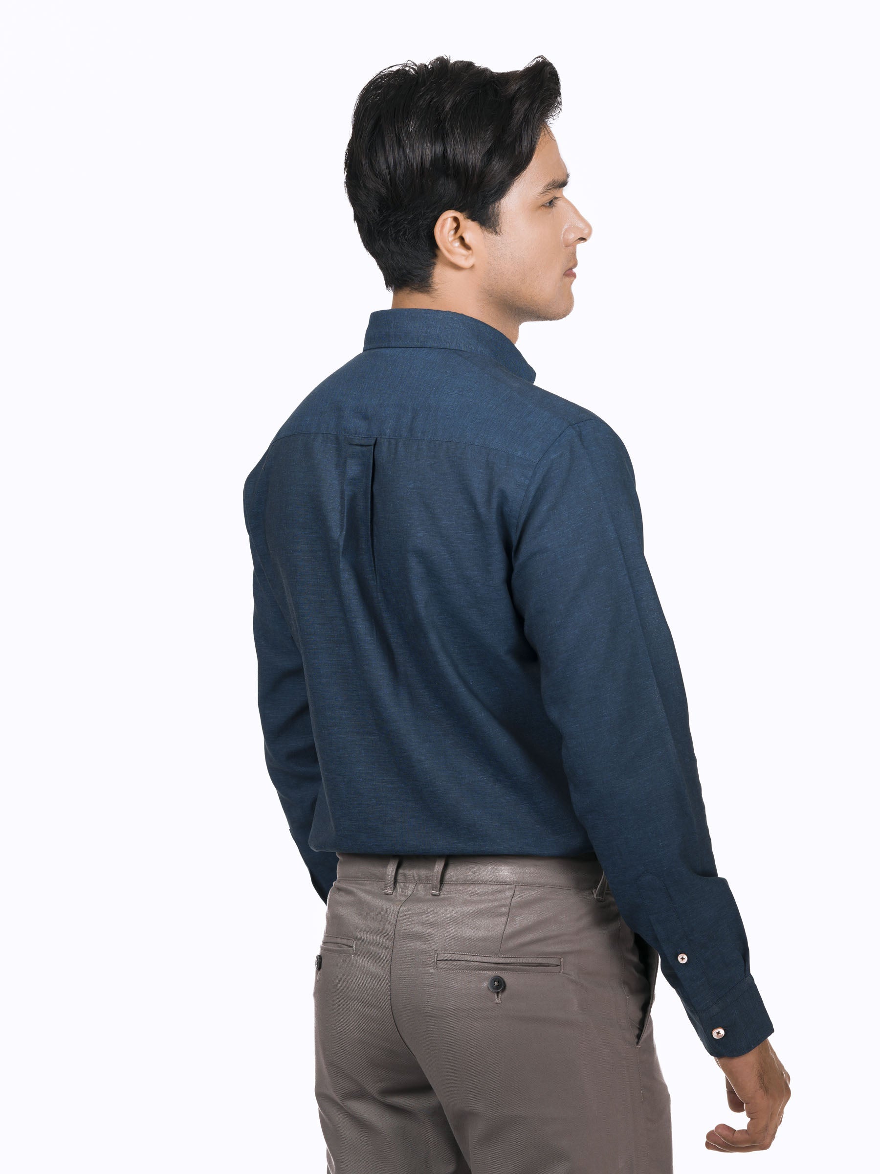 Navy Blue Linen Button Down Shirt