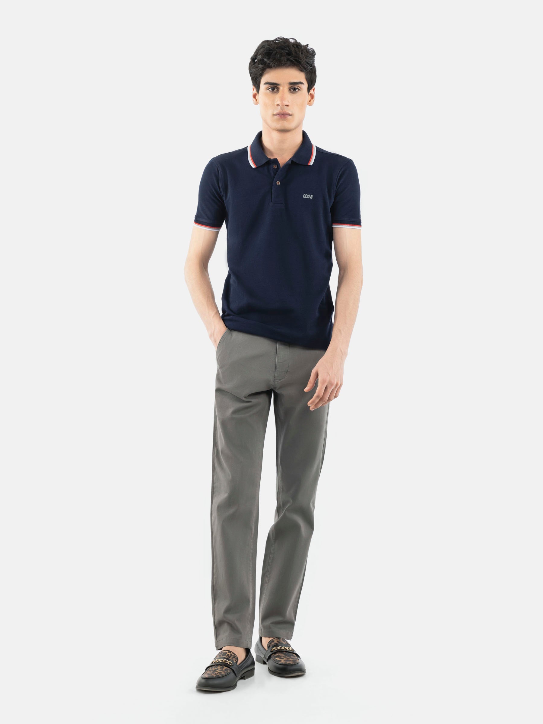 Navy Blue Pique Polo With Tipping Collar